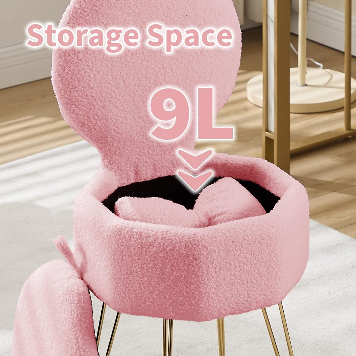 Pink Sherpa Vanity Chair with Storage & Foldable Back – Makeup Stool