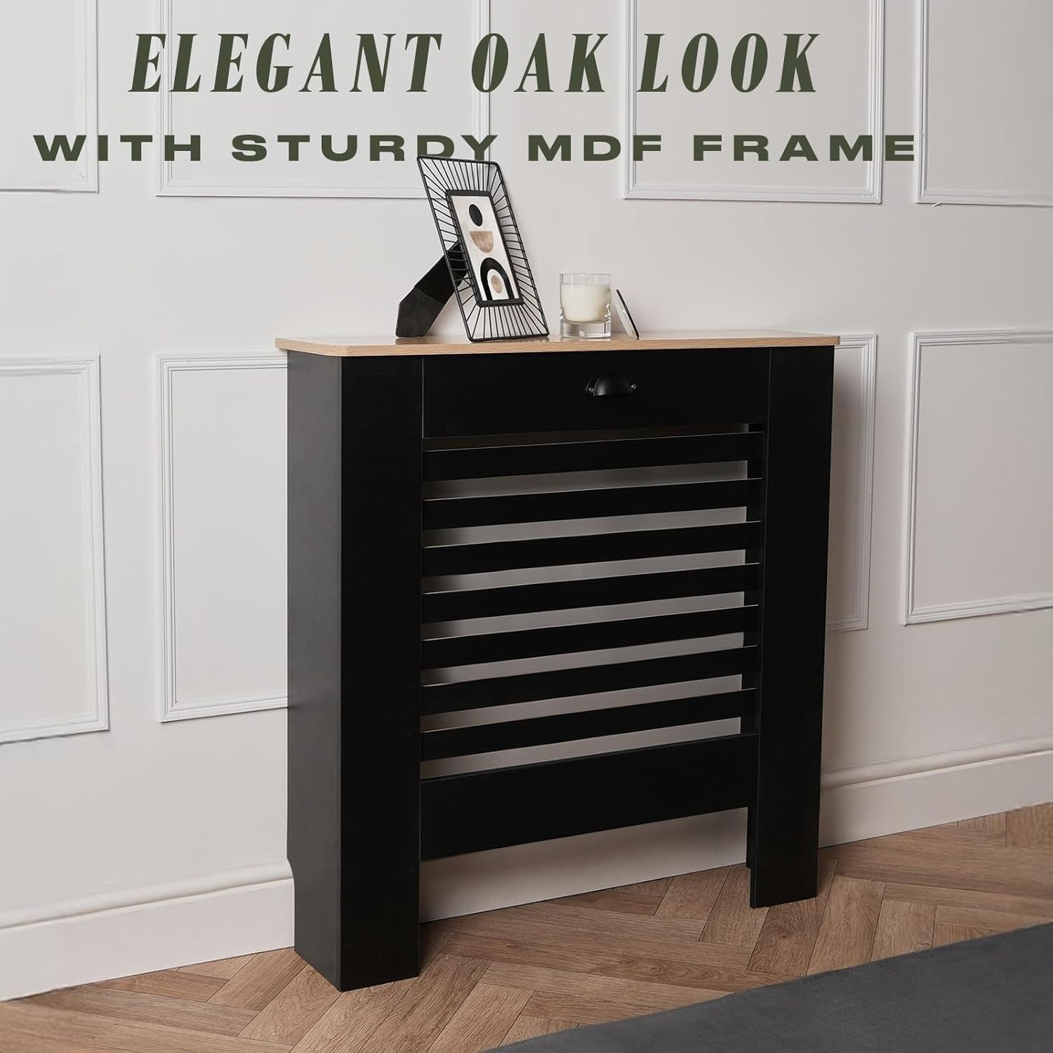 Small Black Radiator Cover with Oak Top 81.5x19x81cm