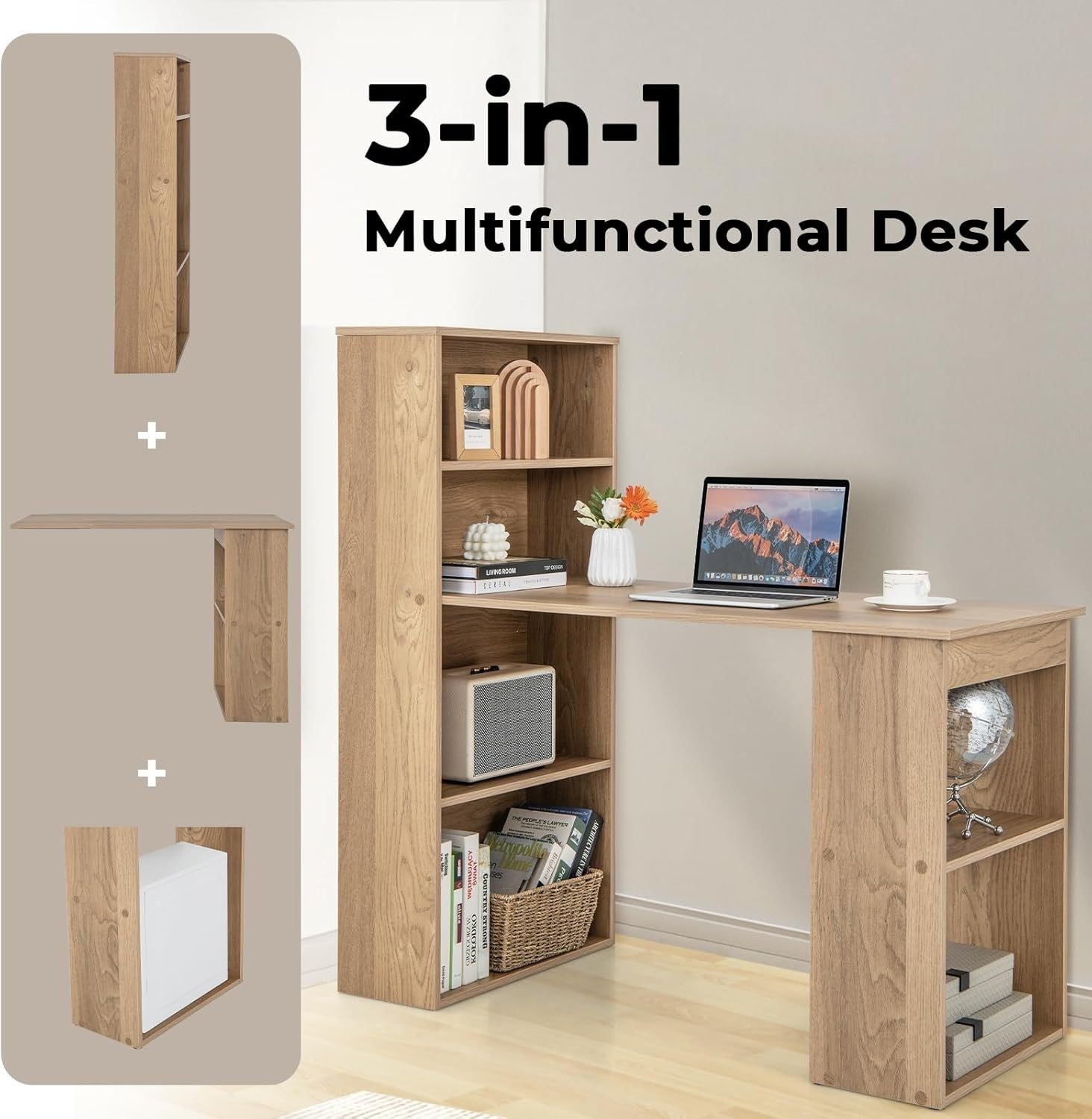 Natural Wood Computer Desk 122x52cm with 6-Tier Storage Shelves