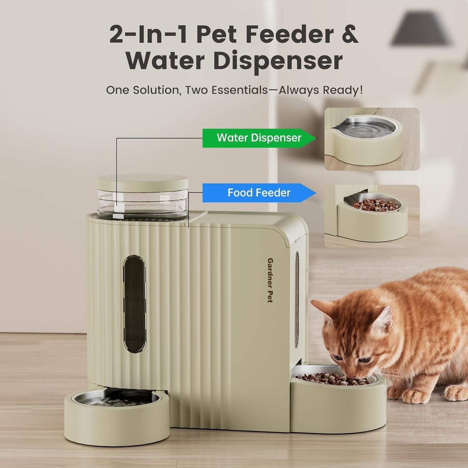 2 in 1 Gravity Pet Feeder Water Dispenser 3L Auto Food Station Beige