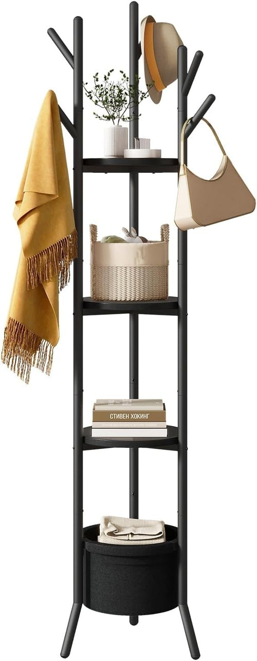 Black Freestanding Coat Rack with Shelves | 169cm Metal Hall Tree Stand
