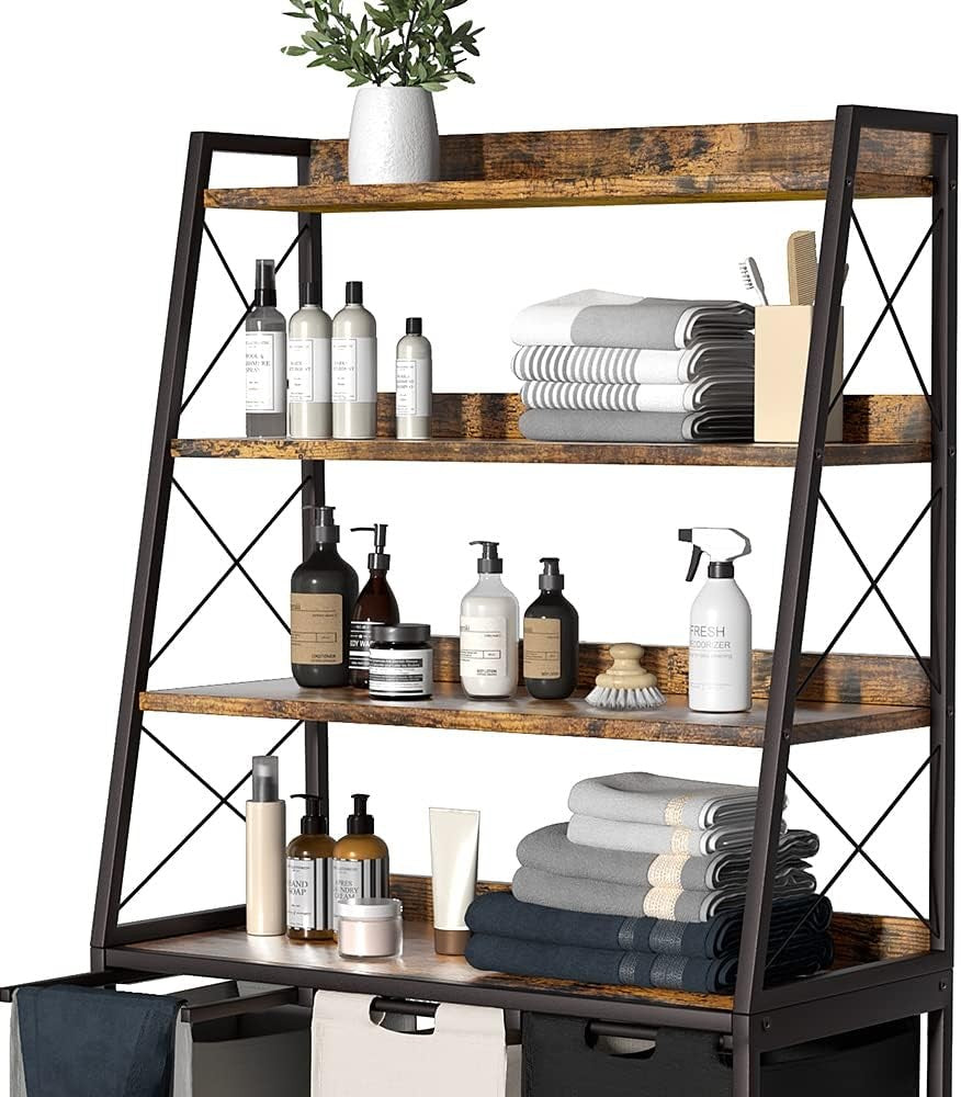 3 Section Laundry Hamper with 4 Tier Shelf Rustic Brown Unit Removable Bags Whee