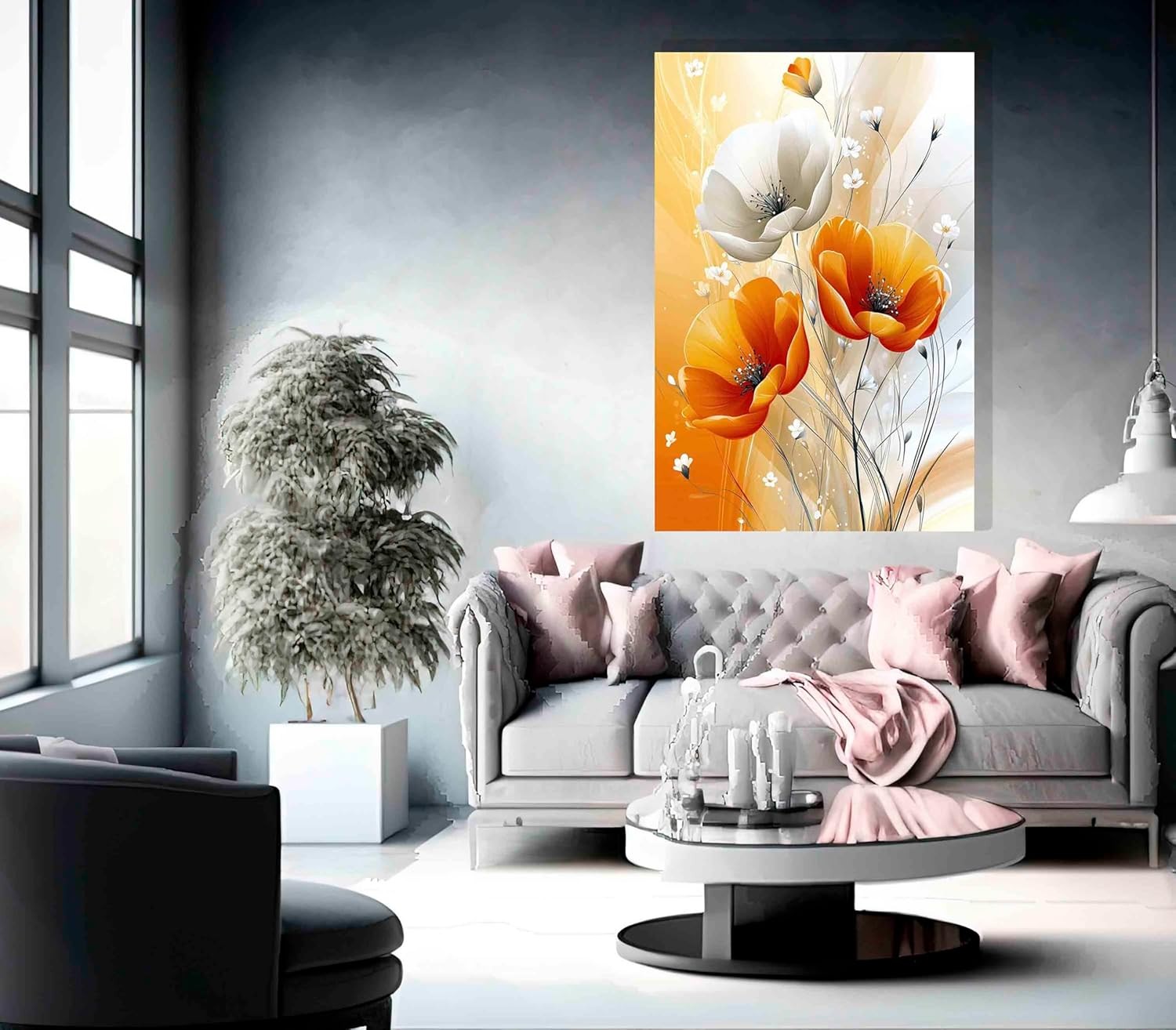 Abstract Orange White Flowers Framed Canvas Print 40x30 cm Modern Art