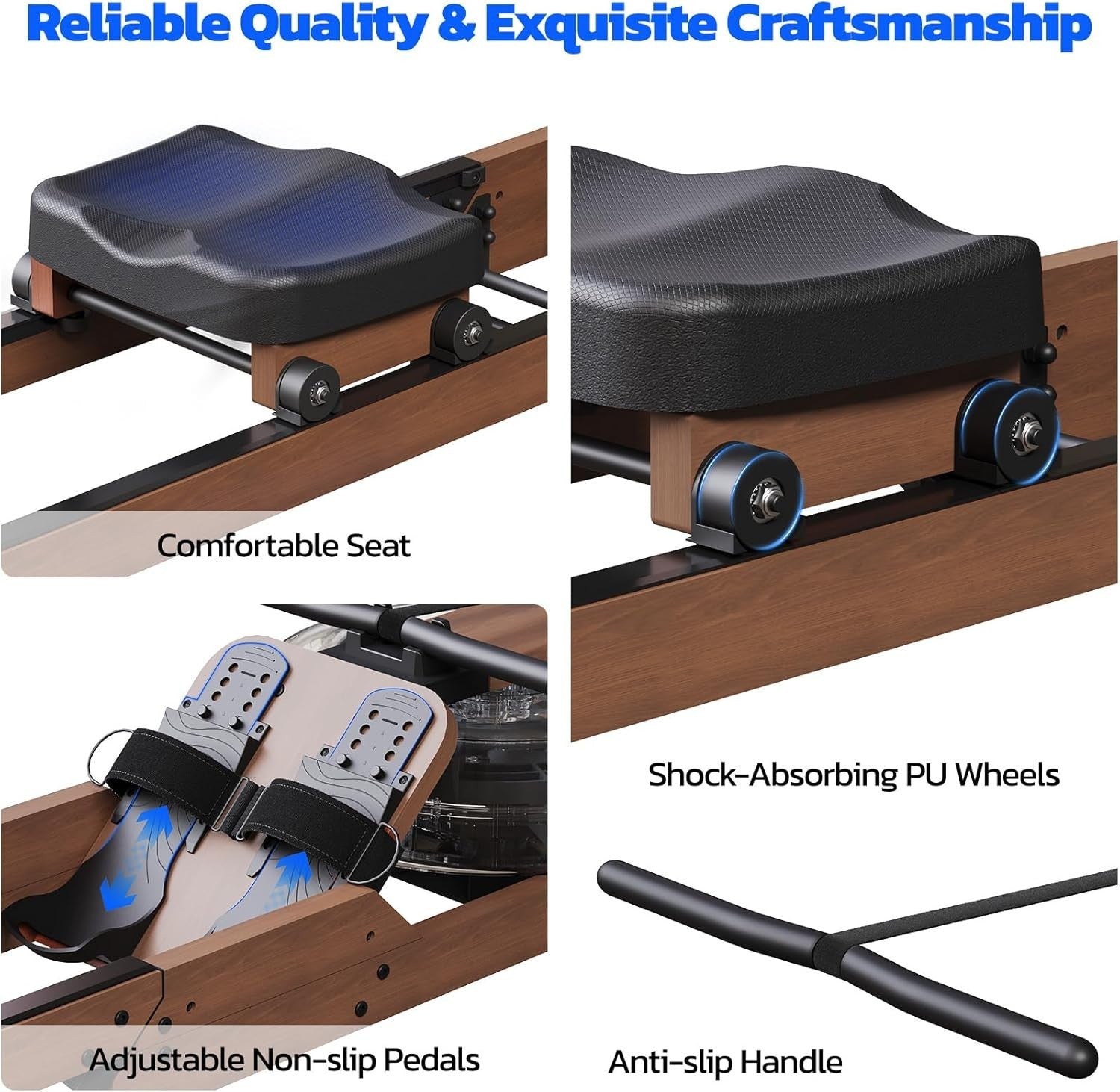Foldable Oak Wood Water Rowing Machine Bluetooth LCD Home Rower 400LB