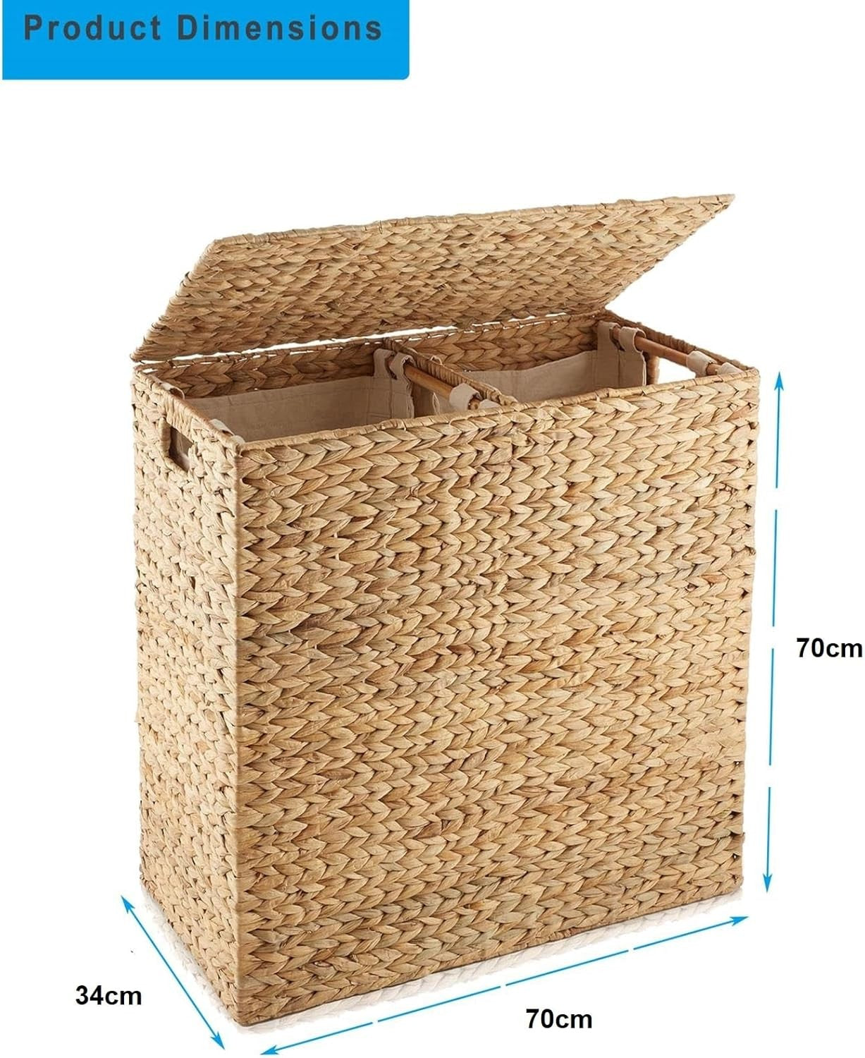 Extra Large Water Hyacinth Laundry Hamper with Lid & 2 Liners | 70cm Basket