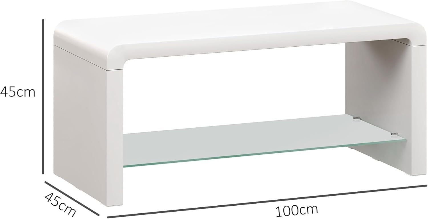 Modern High Gloss White Coffee Table with Storage & Glass Shelf 100x45x45 cm