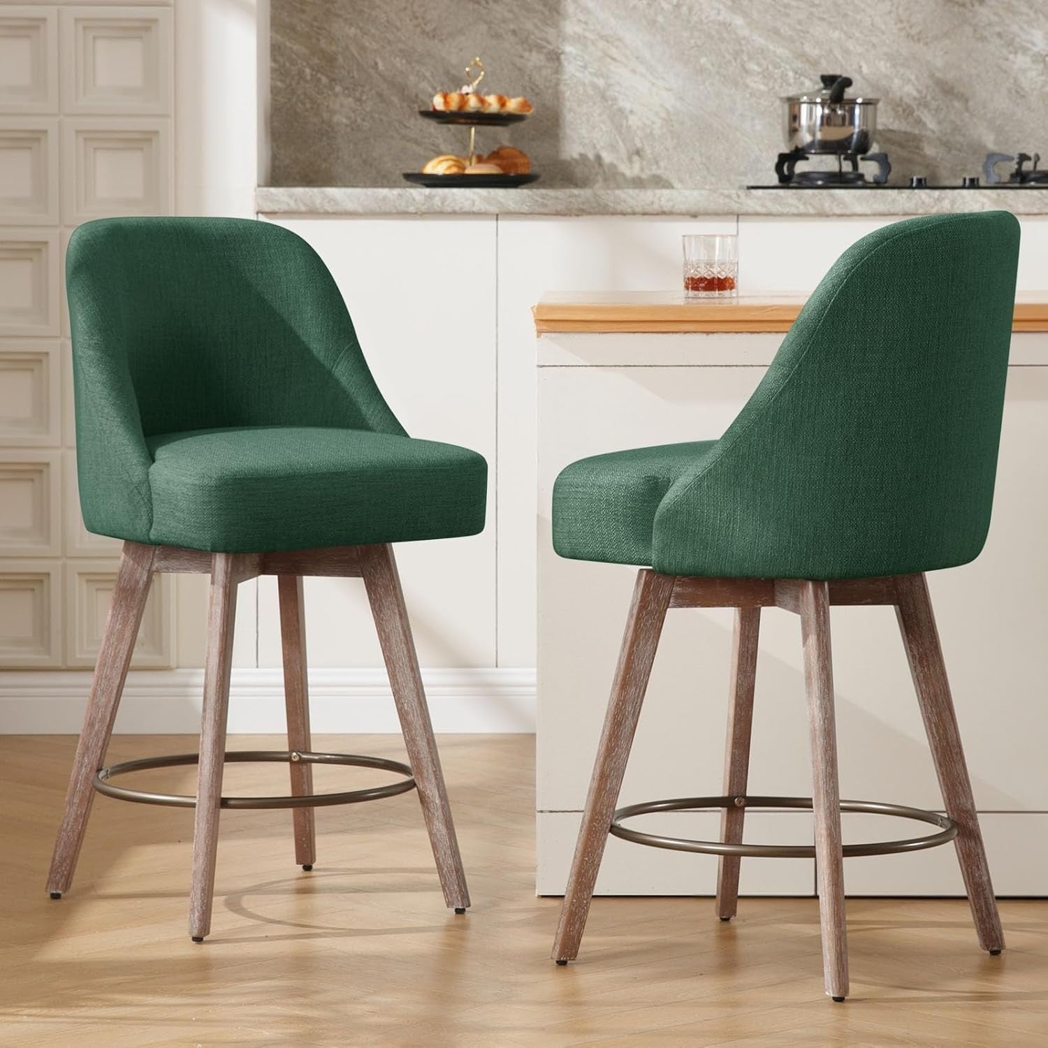 2PCS Linen Green Swivel Bar Stools 65cm Seat Height L-Shaped Wood Legs