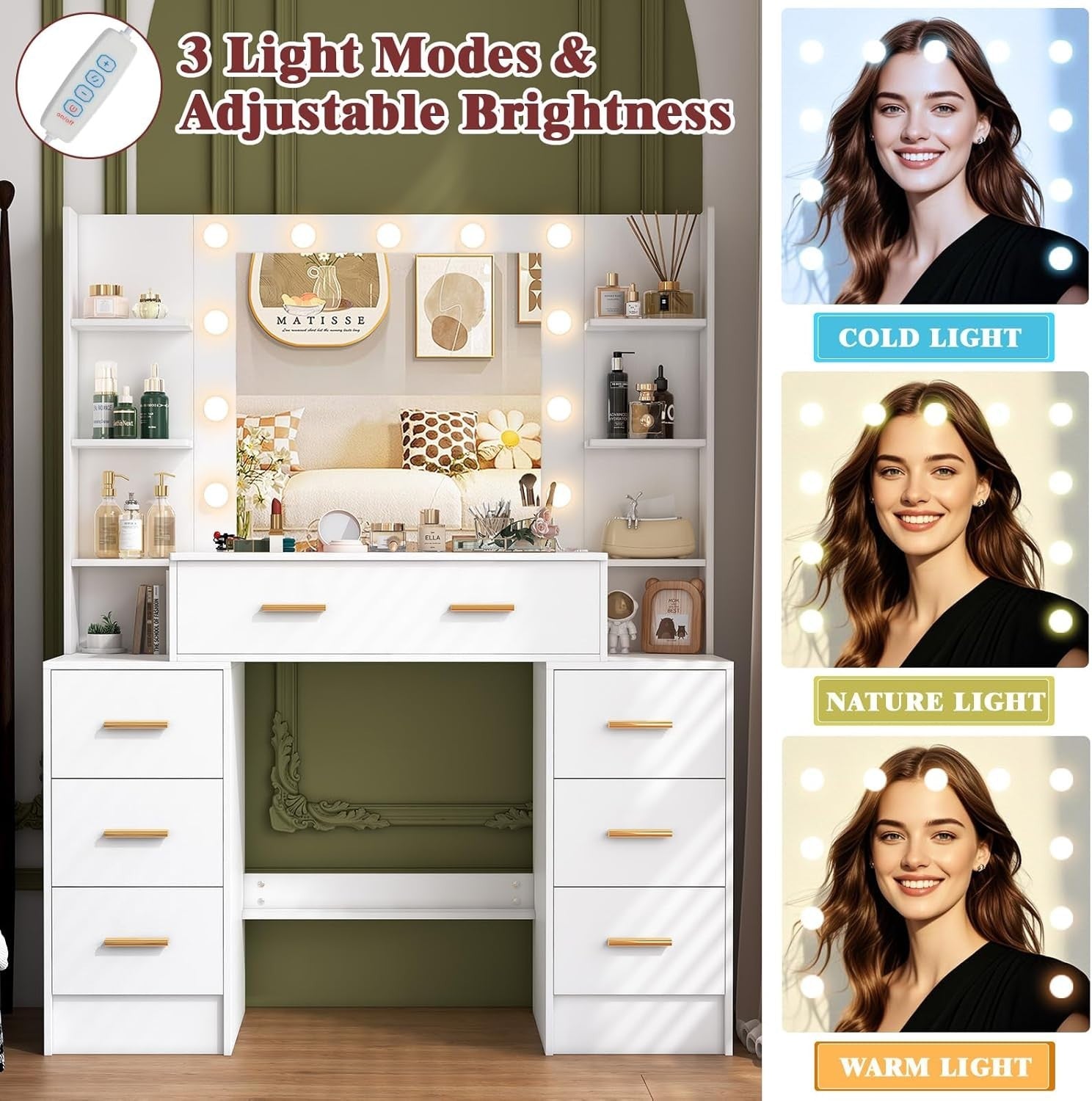 Modern Vanity Desk w/Lighted Hollywood Mirror 8-Drawer Makeup Table White