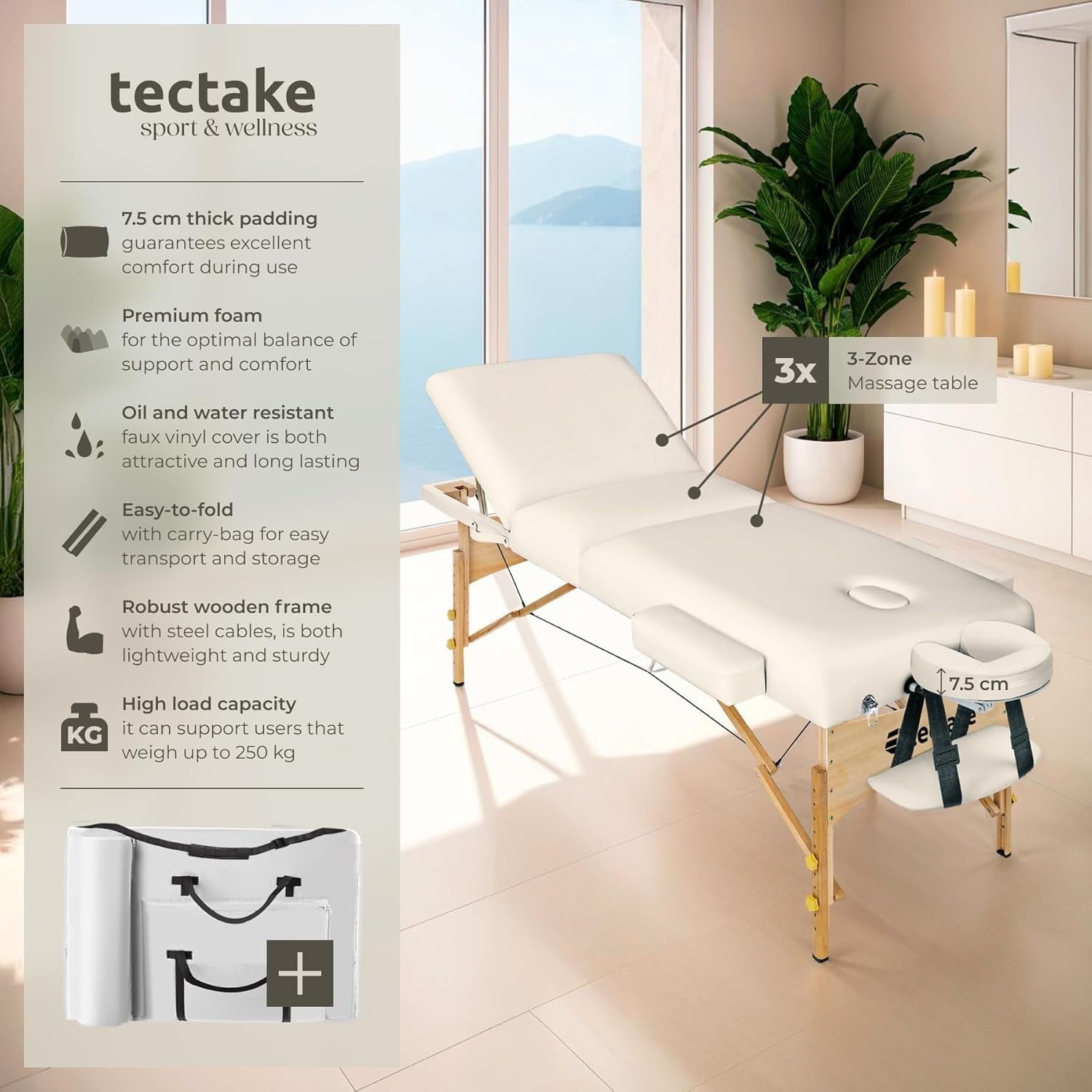 Portable Massage Beauty Bed Foldable Adjustable Spa Therapy Table 70cm Beige