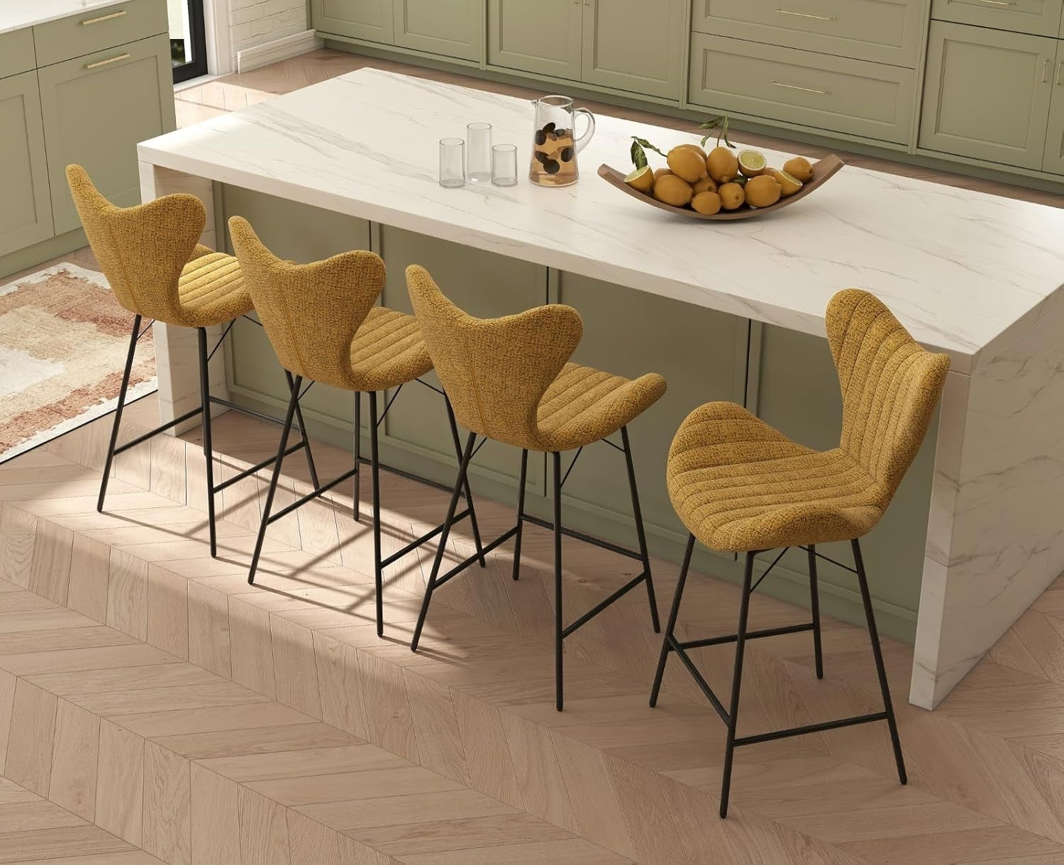 Yellow Chenille Wingback Bar Stools Set of 2 – Metal Legs