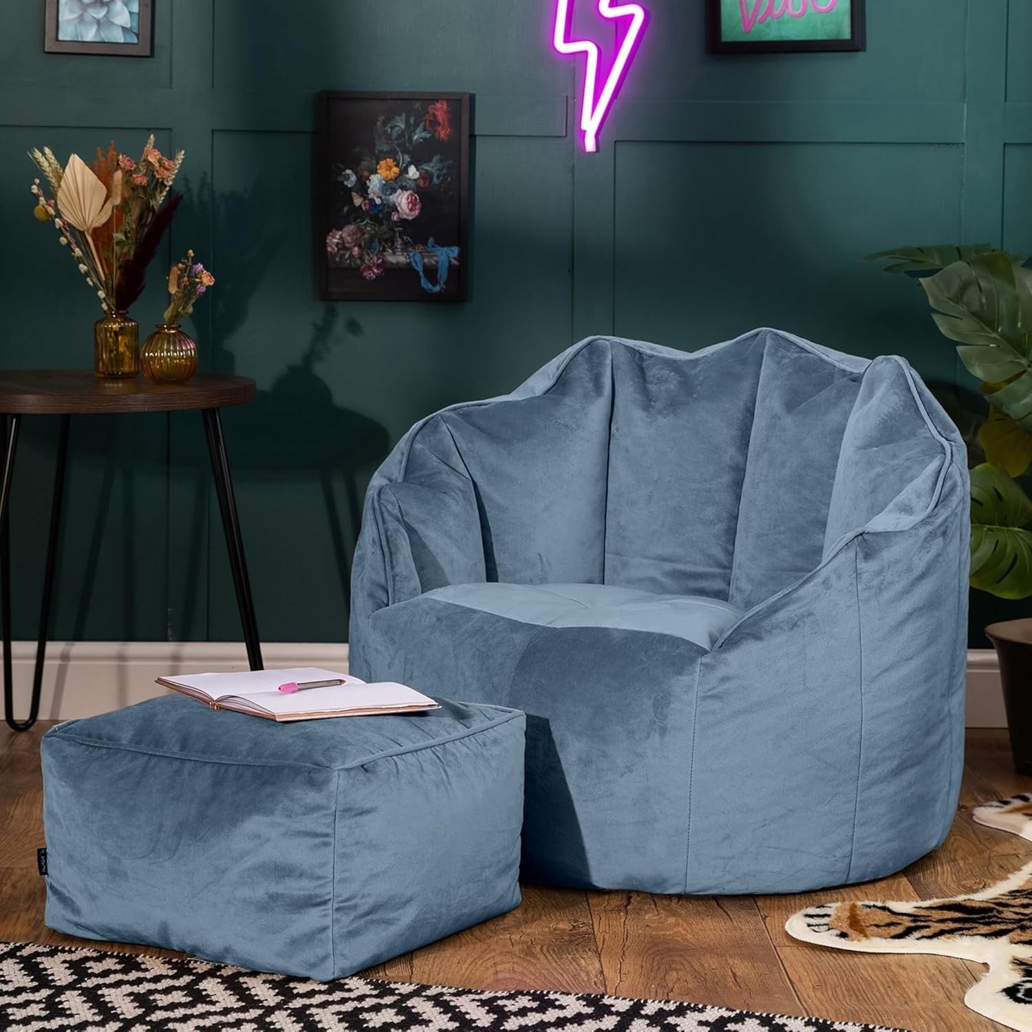 Velvet Bean Bag Chair With Footstool Adult Seat Mineral Blue Lounge Set