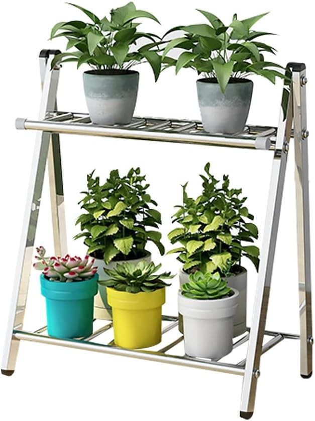 2 Tier Metal Plant Stand Ladder Shelf Indoor Outdoor Flower Pot Holder Silver