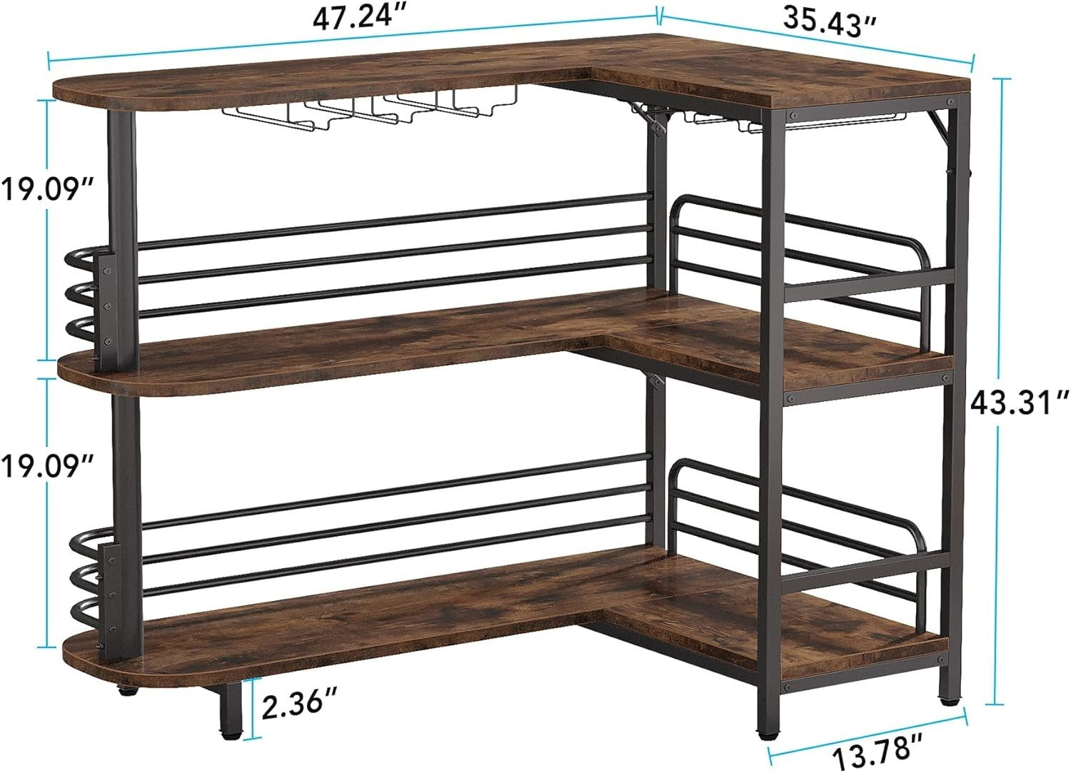 L-Shaped Home Bar Unit with Wine Glass Rack & Shelves Rustic Brown Kitchen Pub
