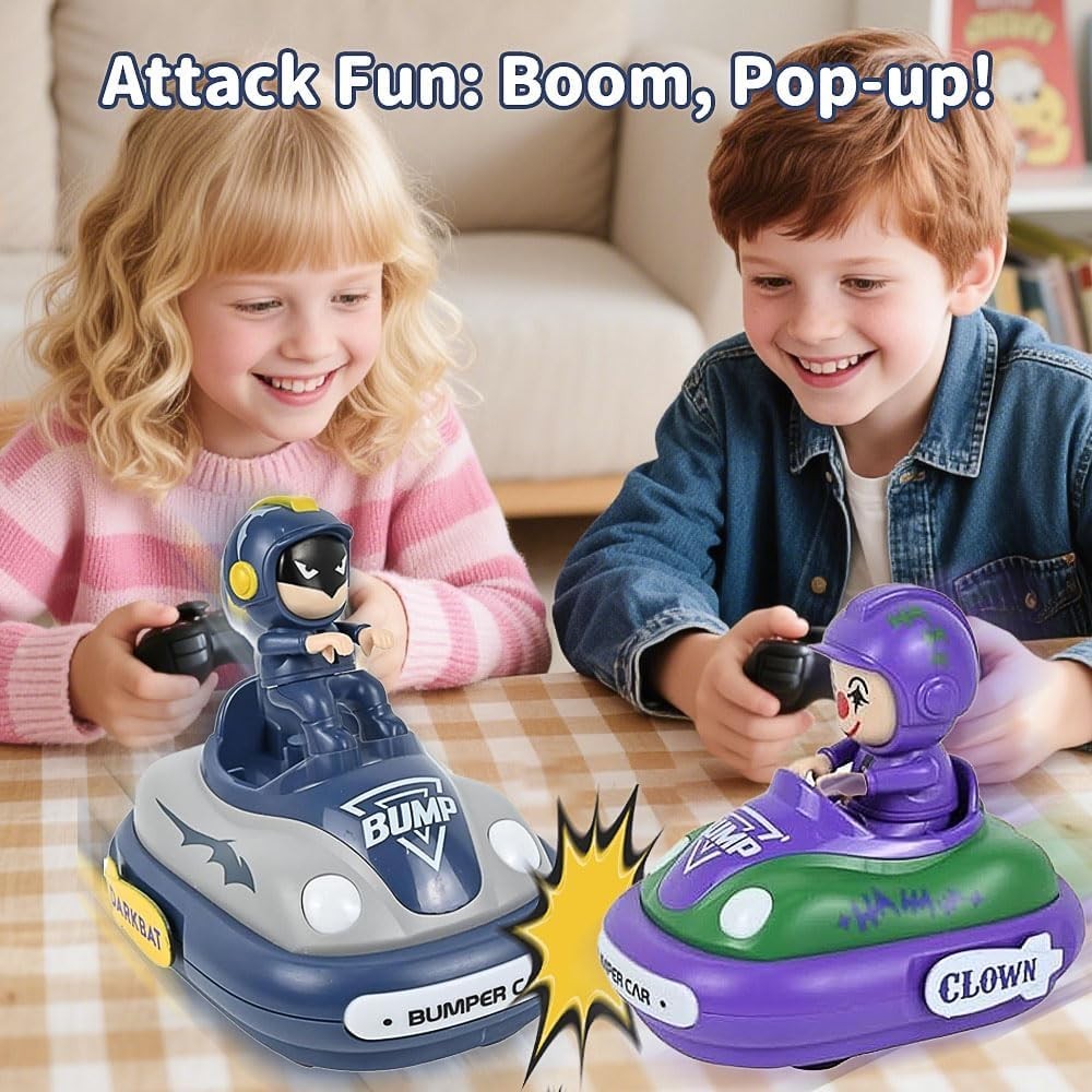 2 Pack RC Bumper Cars for Kids – Bat Design, Lights, Sound & Ejecting Drivers