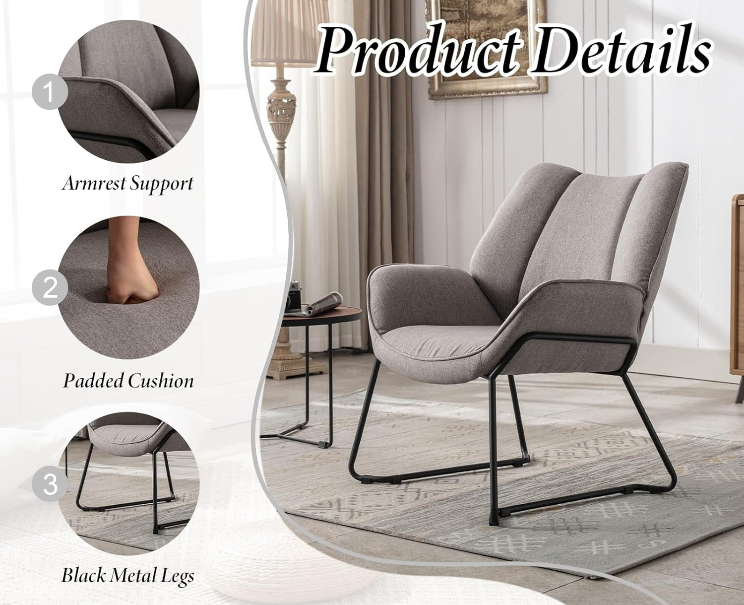 Modern Linen Accent Chair Tub Armchair Grey Metal Legs Lounge Living Room