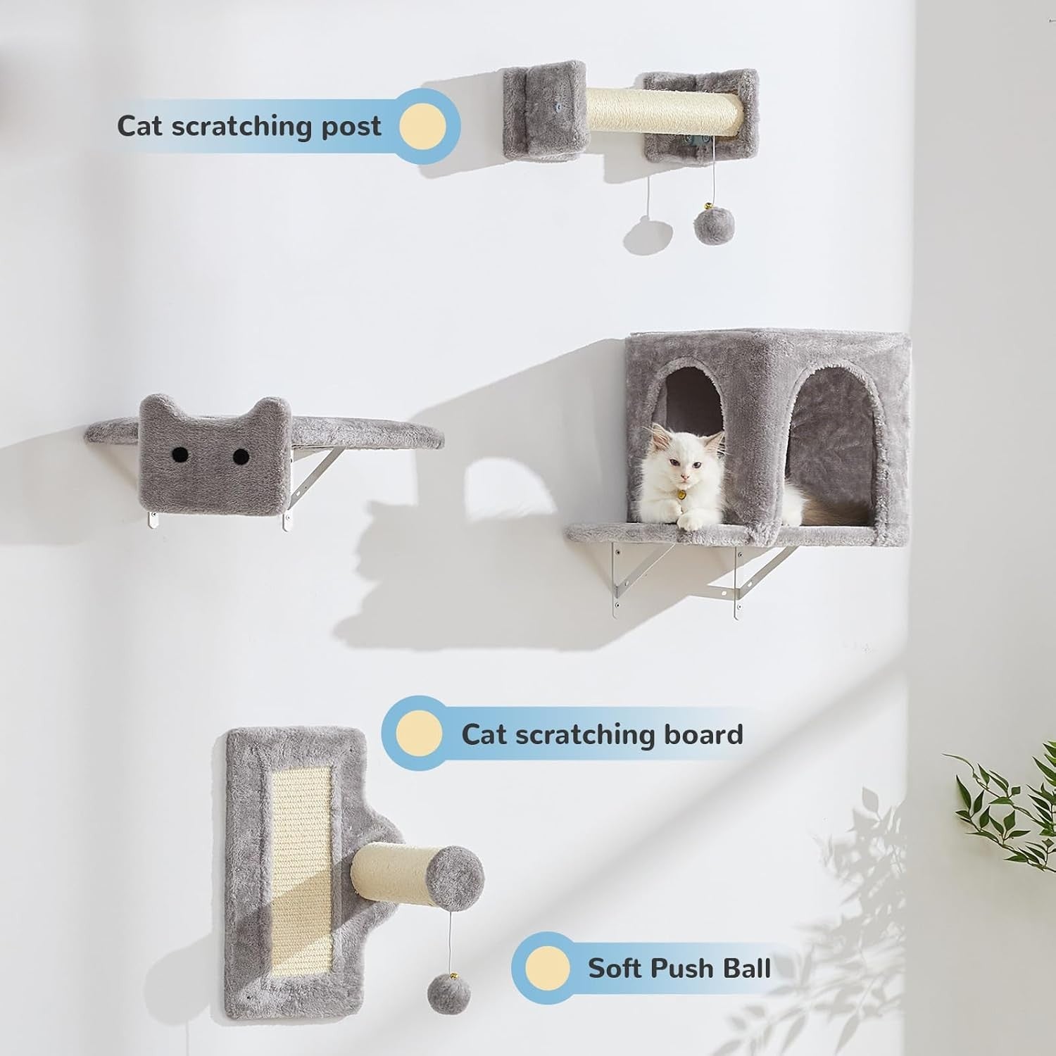 Cat Wall Shelves Set with Tunnel Climbing Frame Scratching Posts 6PCS