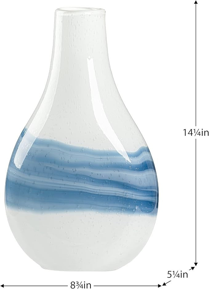 White Blue Hand Blown Glass Vase 36cm Coastal Modern Table Centerpiece