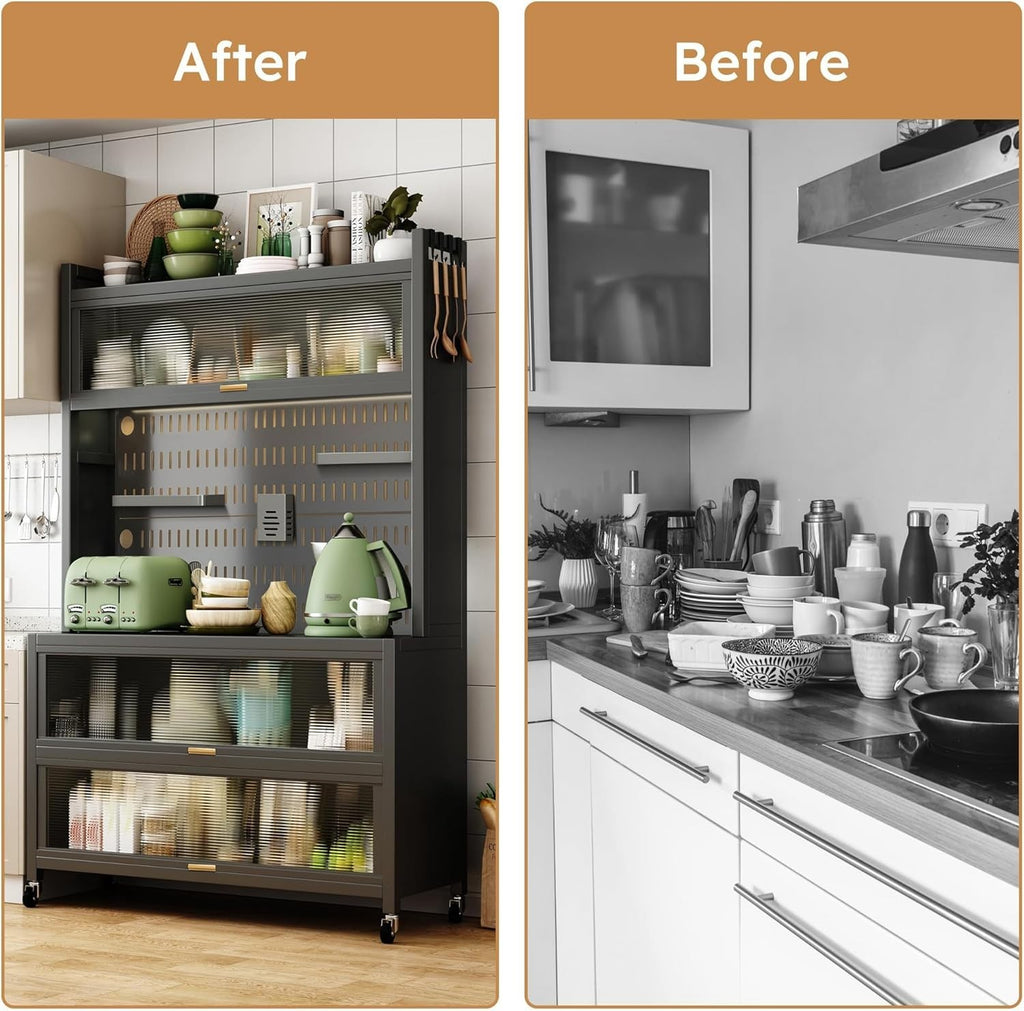 100x42x155cm 5-Tier Black Kitchen Storage Cabinet with Flip Door & Wheels