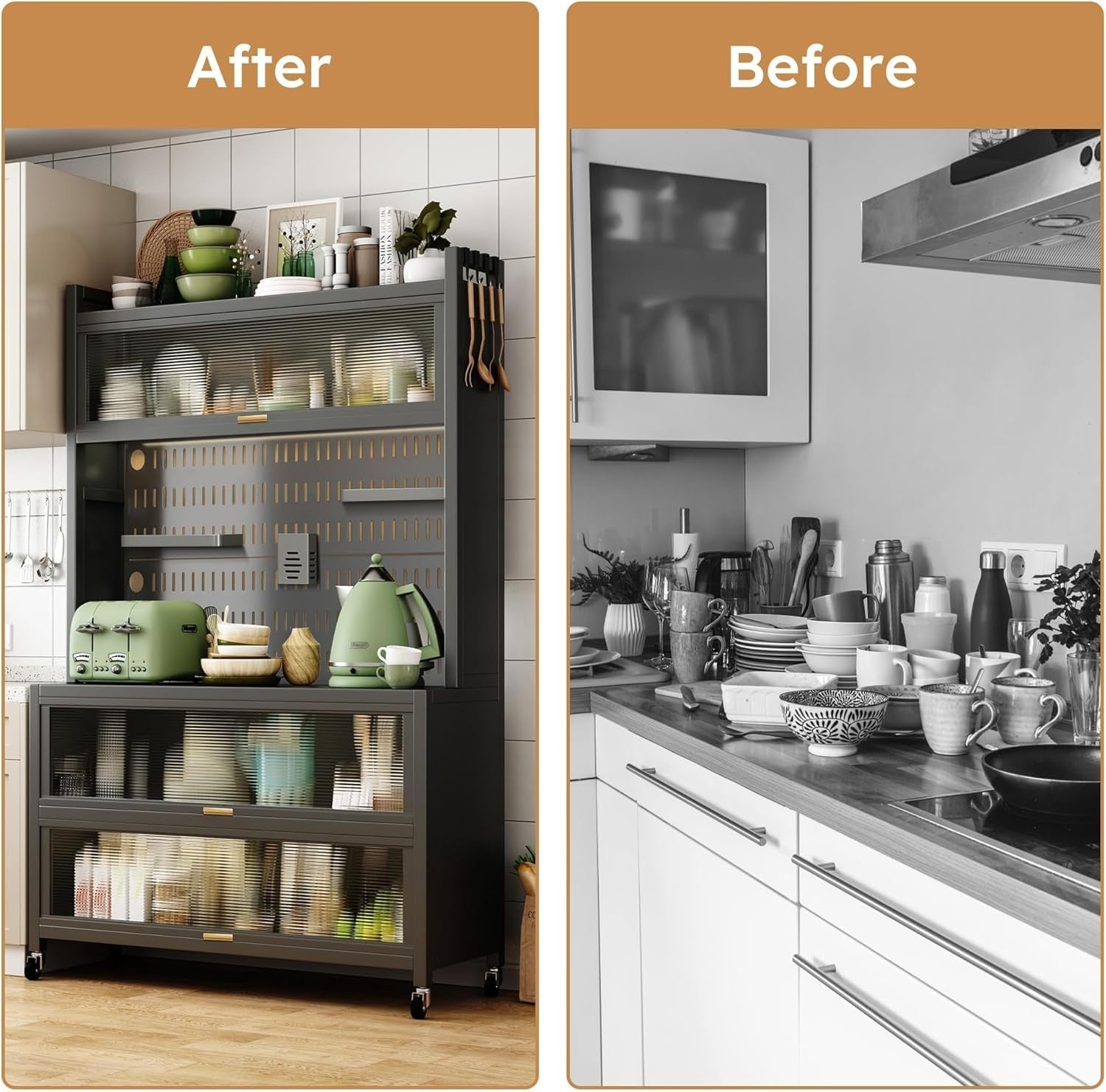 100x42x155cm 5-Tier Black Kitchen Storage Cabinet with Flip Door & Wheels