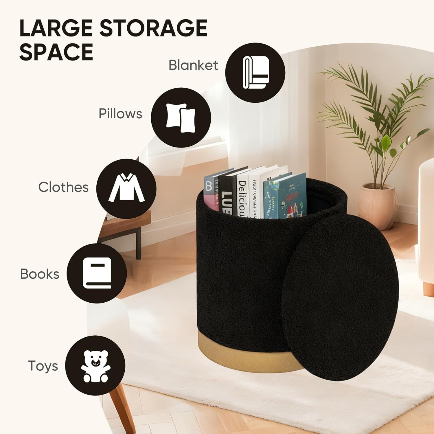 Black Boucle Round Storage Ottoman Large Foldable Footrest with Tray Lid