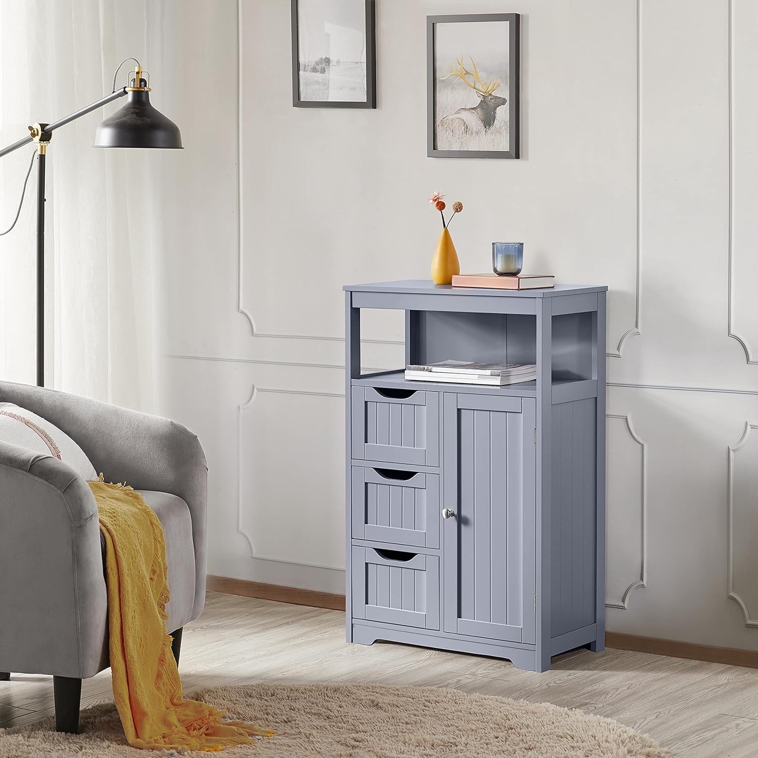 Grey Bathroom Storage Cabinet with 3 Drawers & Door Freestanding Unit