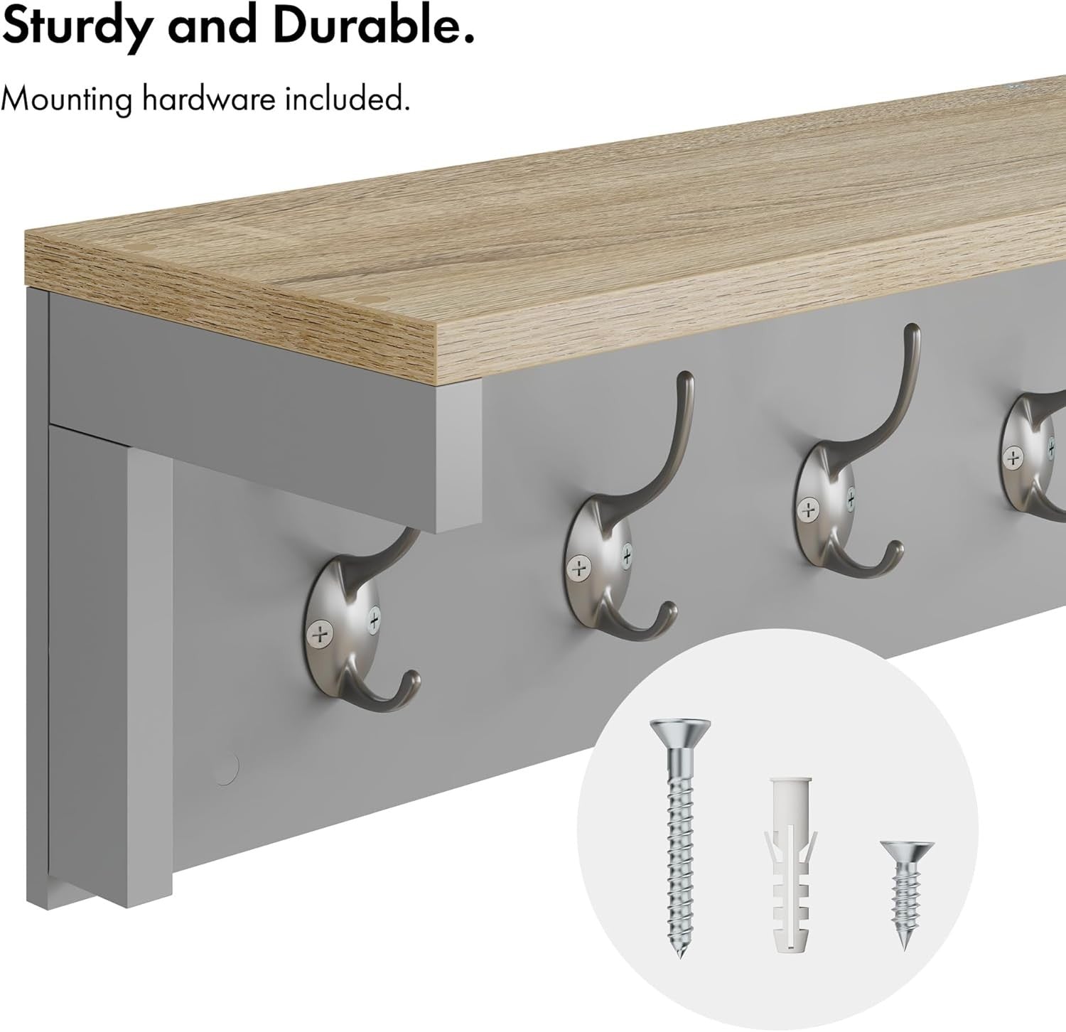 Wall Mounted Coat Rack with Shelf | 7 Double Hooks Grey Wooden Hall Organiser