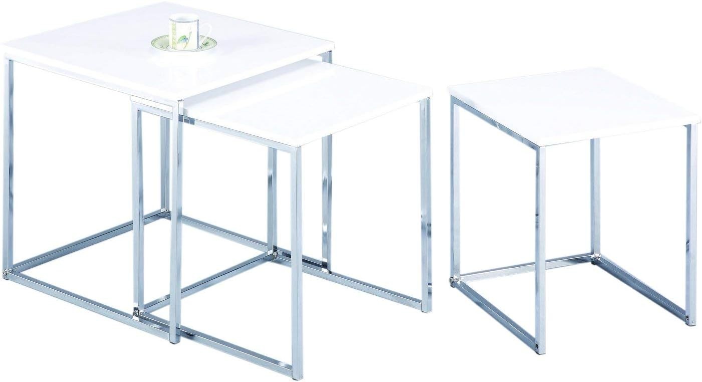 High Gloss White Square Nesting Table Set of 3 Chrome Legs Modern Coffee Side