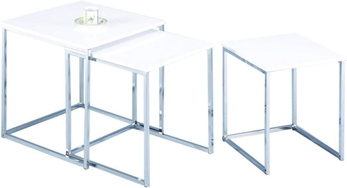 High Gloss White Square Nesting Table Set of 3 Chrome Legs Modern Coffee Side