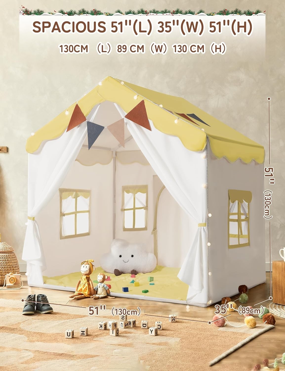 Yellow Kids Castle Tent Bed Canopy with Lights & Mat Indoor Playhouse