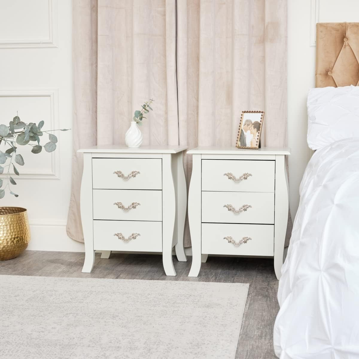 Set of 2 Ivory 3 Drawer Bedside Tables | Elegant Cream Gold Nightstands