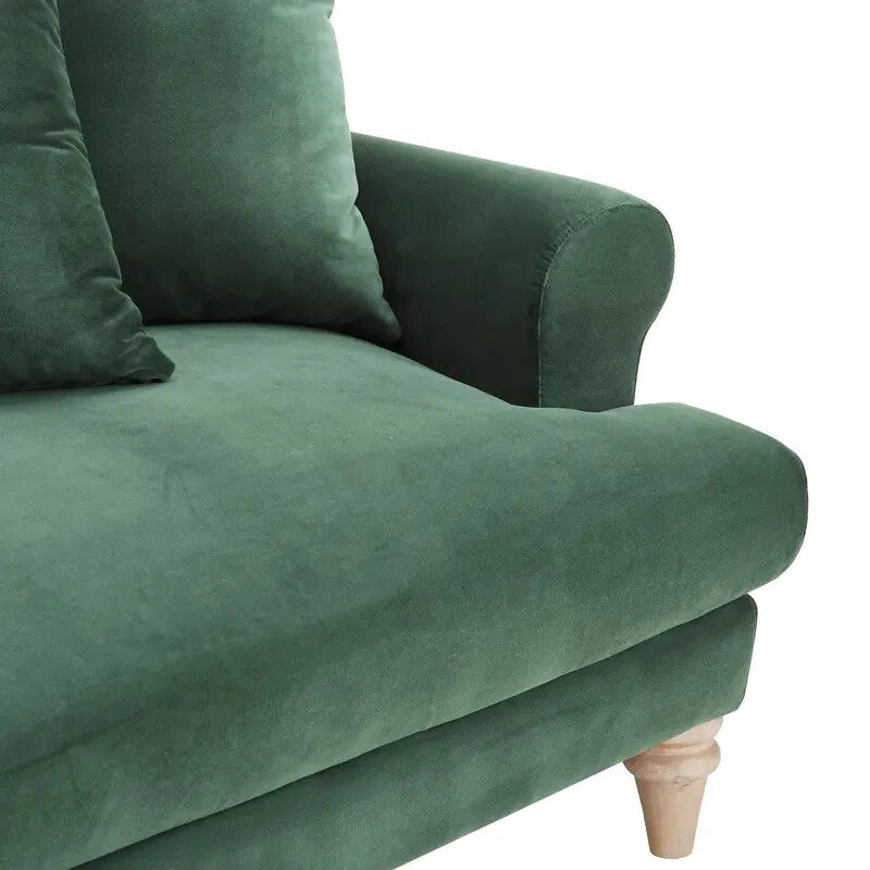 Green Velvet 2 Seater Sofa with Scatter Cushions Curved Arm Couch UK
