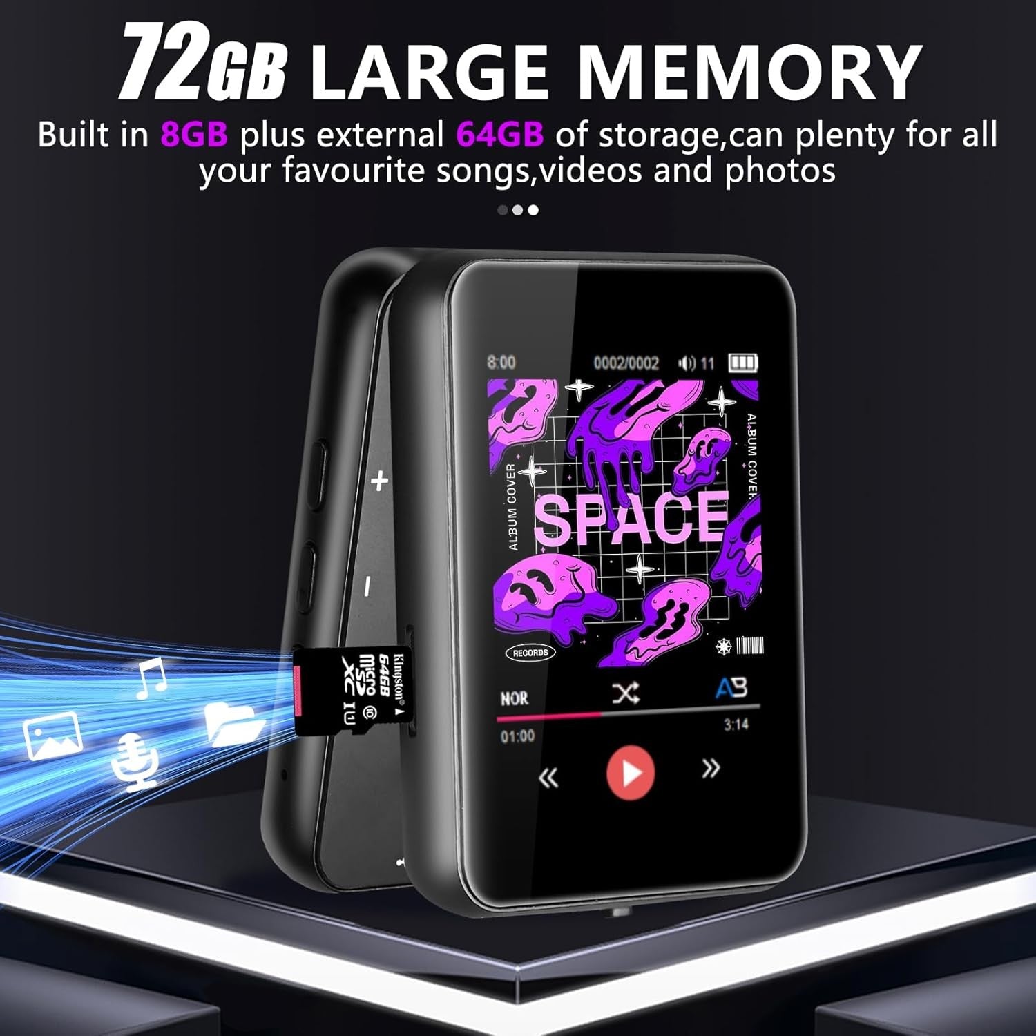 72GB MP3 Player Bluetooth 5.2 2.5" Touch Screen FM Speaker