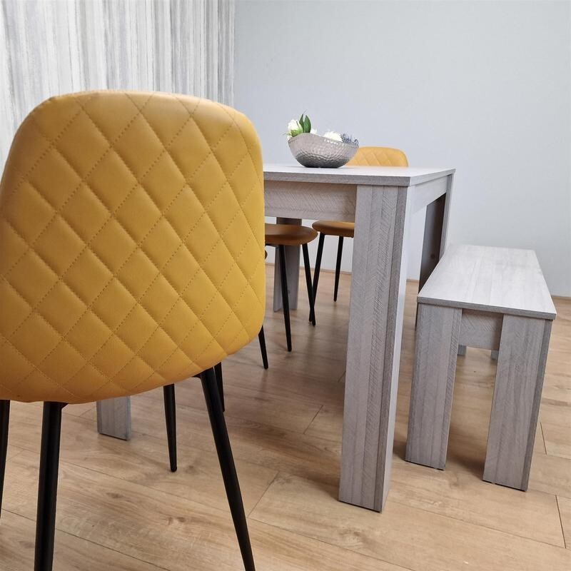 6 Seater Light Grey Dining Table Set with Mustard Chairs & Bench, MDF