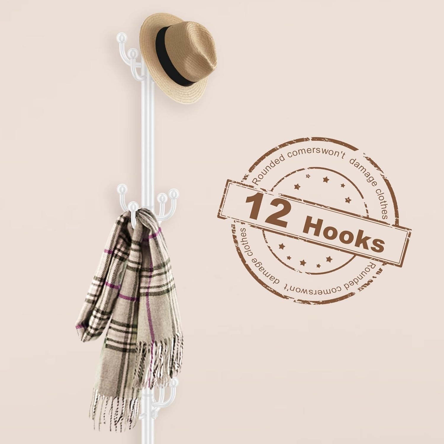 White Metal Coat Rack Stand | 12 Hook Freestanding Hall Tree with Umbrella Base