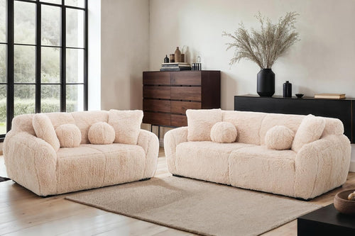Cream 5 Seater Fluffy Sofa Set Deep Plush Cushions Comfy Lounge Suite