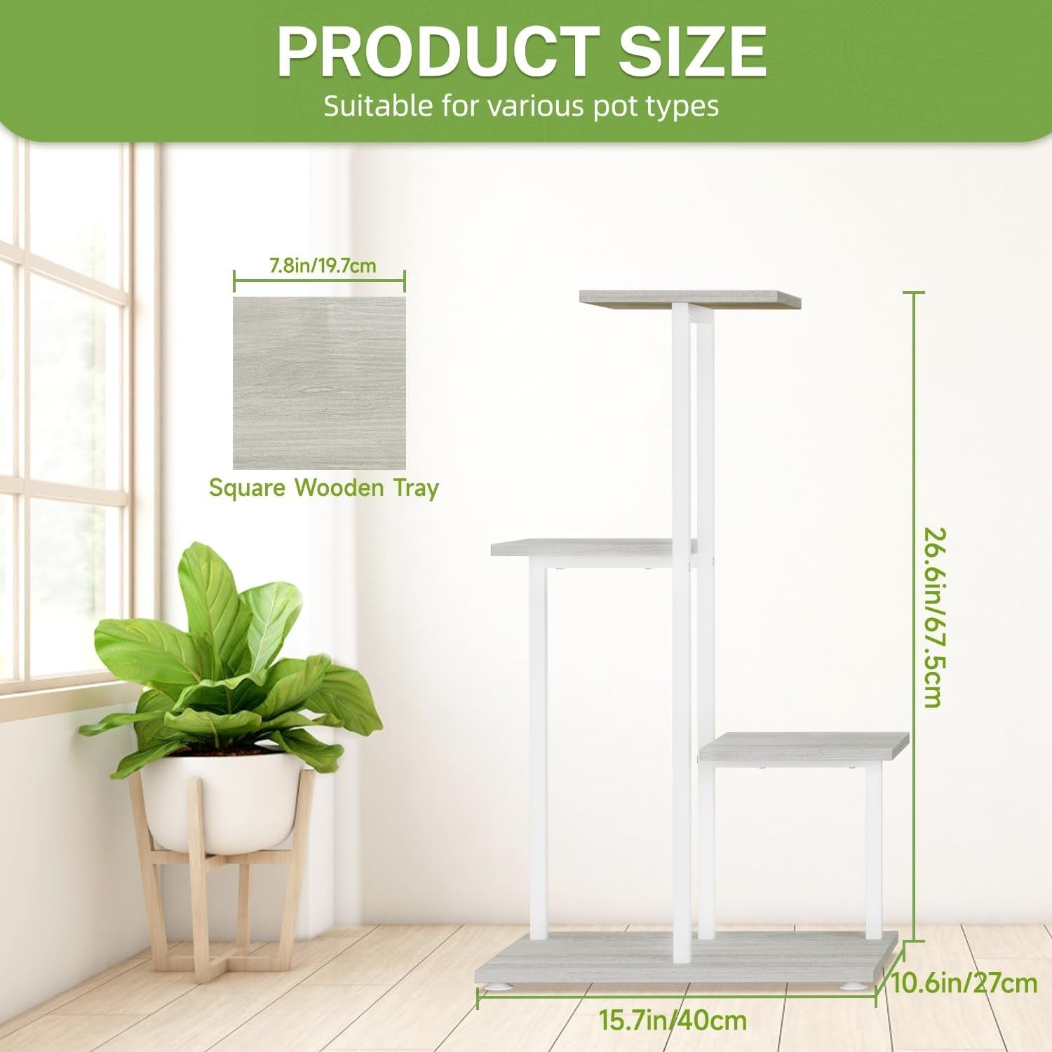 4 Tier White Metal & Wood Plant Stand | Modern Indoor Corner Shelf Display Rack