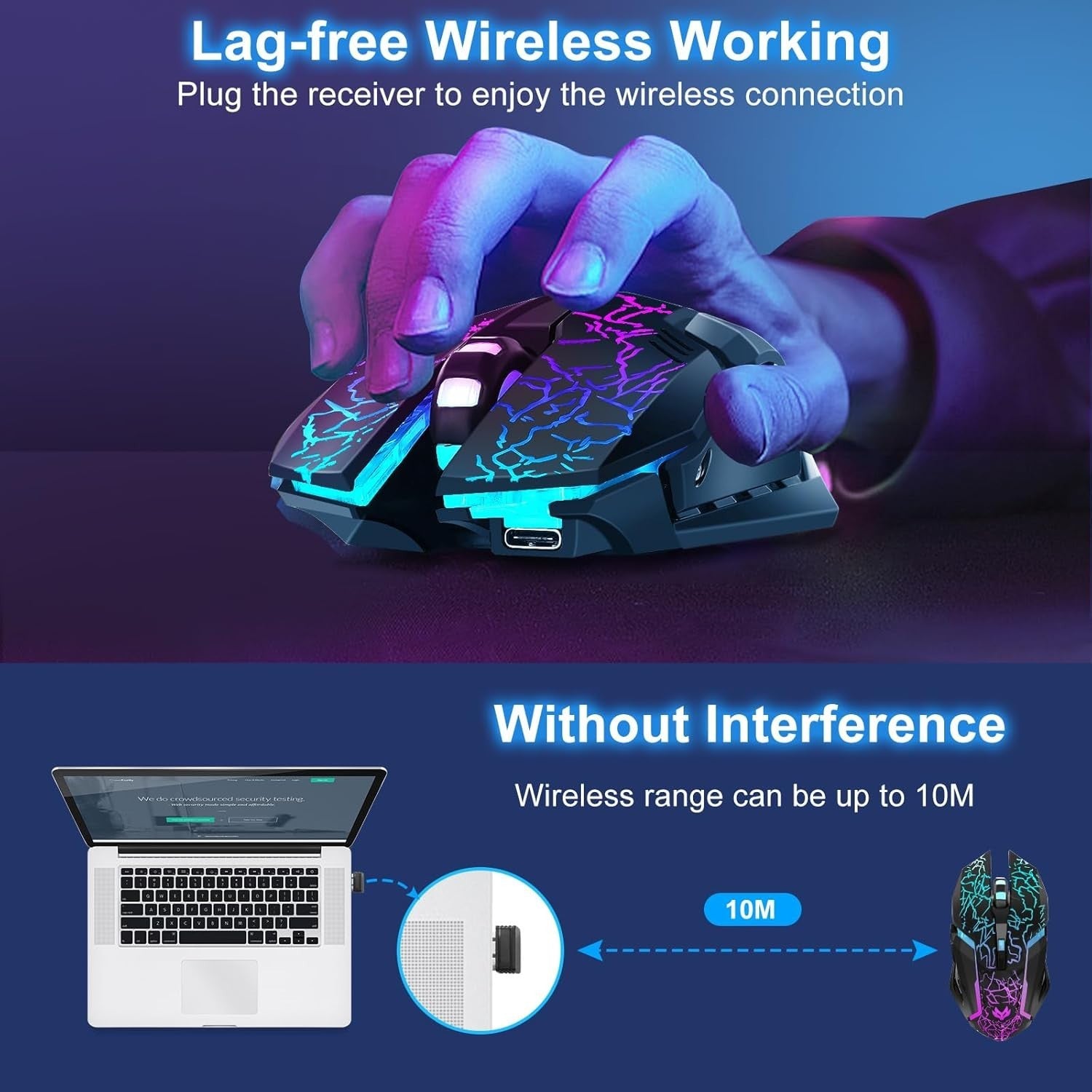 Wireless Gaming Mouse RGB Rechargeable 1600 DPI 6 Silent Buttons