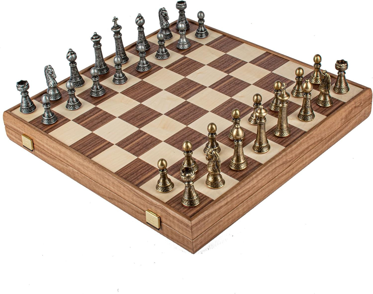 Luxury Brass & Pewter Chess Set 46cm Board | Walnut Wood Storage Box