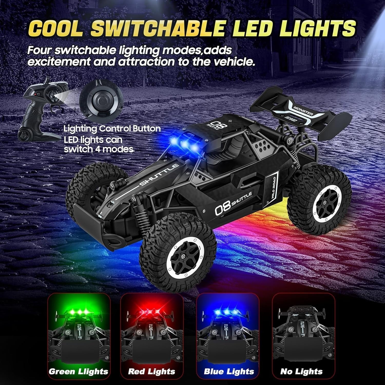 High-Speed 2WD RC Car for Kids with LED Lights & 2 Batteries – Black