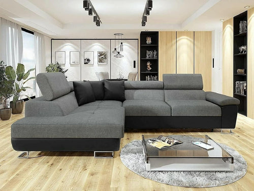 L-Shape Corner Sofa Bed with Storage – Stylish Black & Grey, 5-Seater Comfort