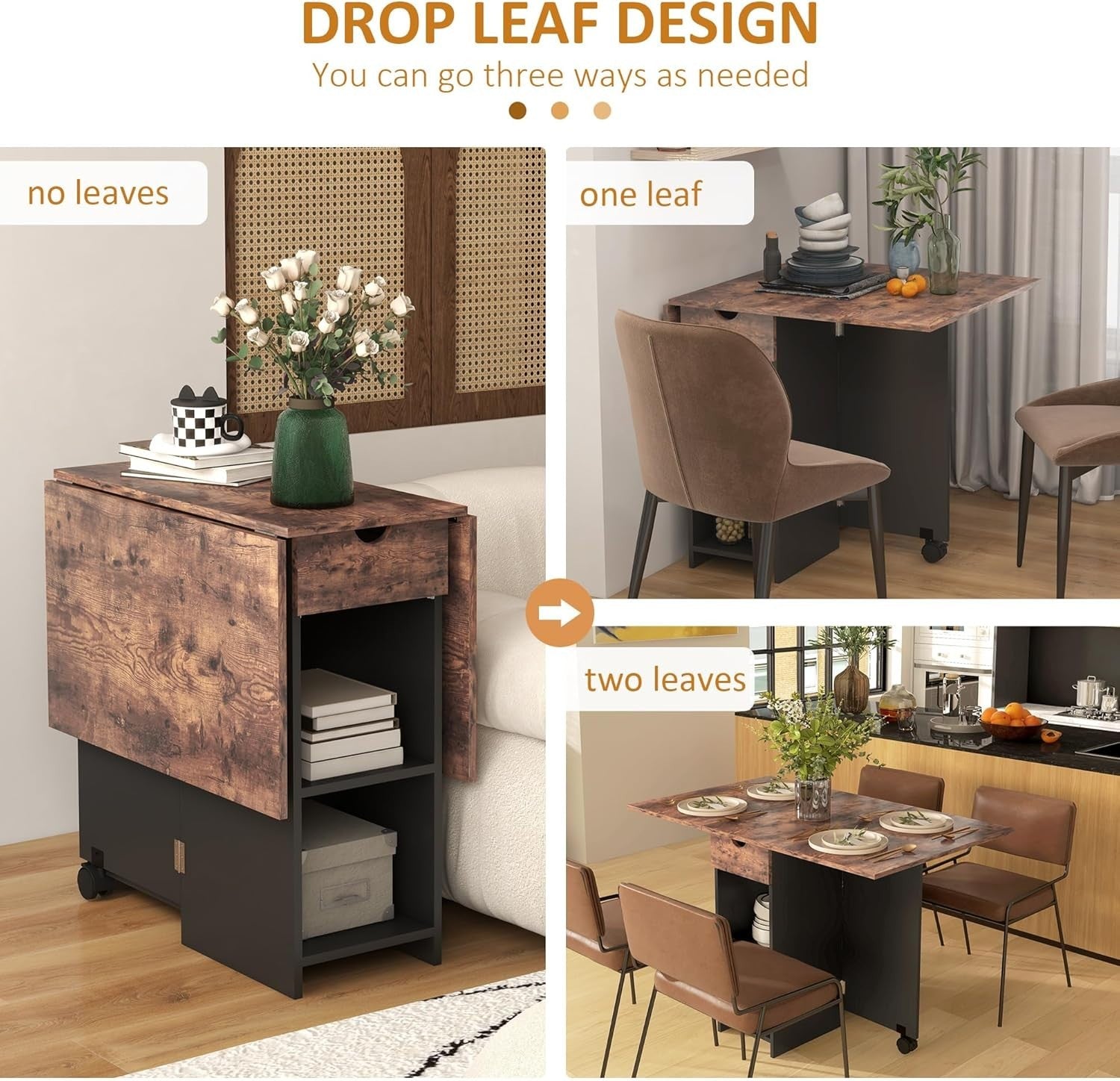 Folding Drop Leaf Dining Table with Drawer Shelves Rustic Brown Space Saver