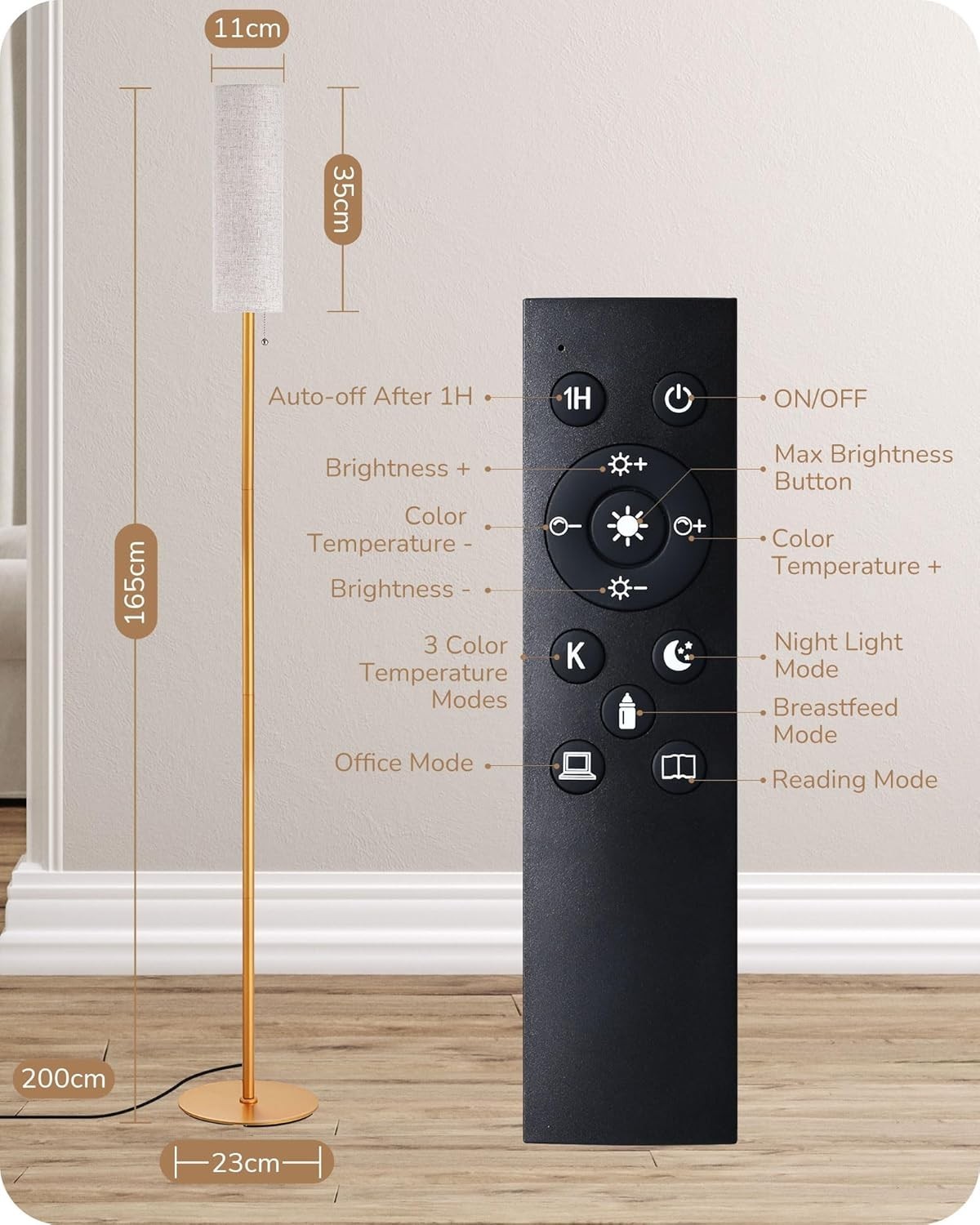 Gold LED Floor Lamp Dimmable Standing Light Remote Control Round Linen Shade