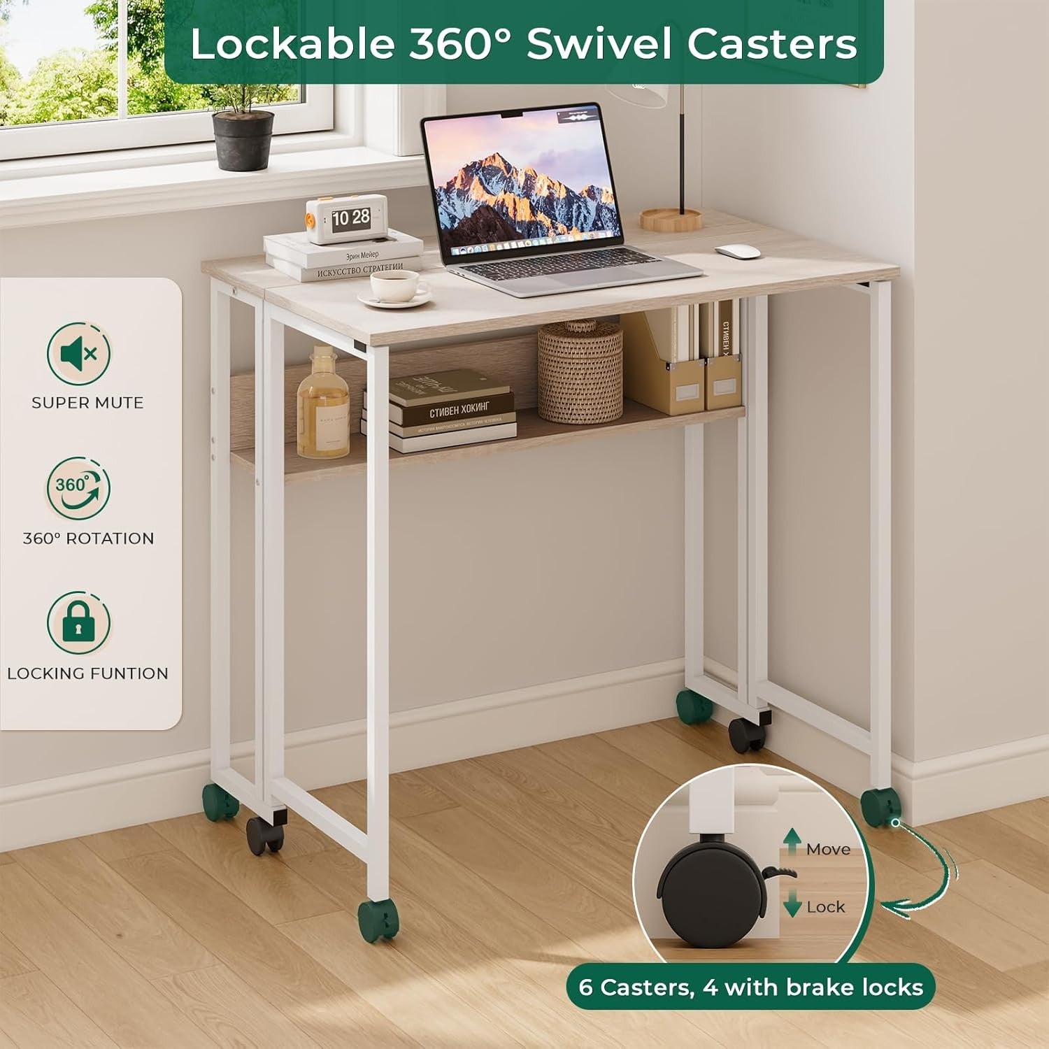 Folding Computer Desk Rolling Laptop Table with Storage Shelf Wheels Oak