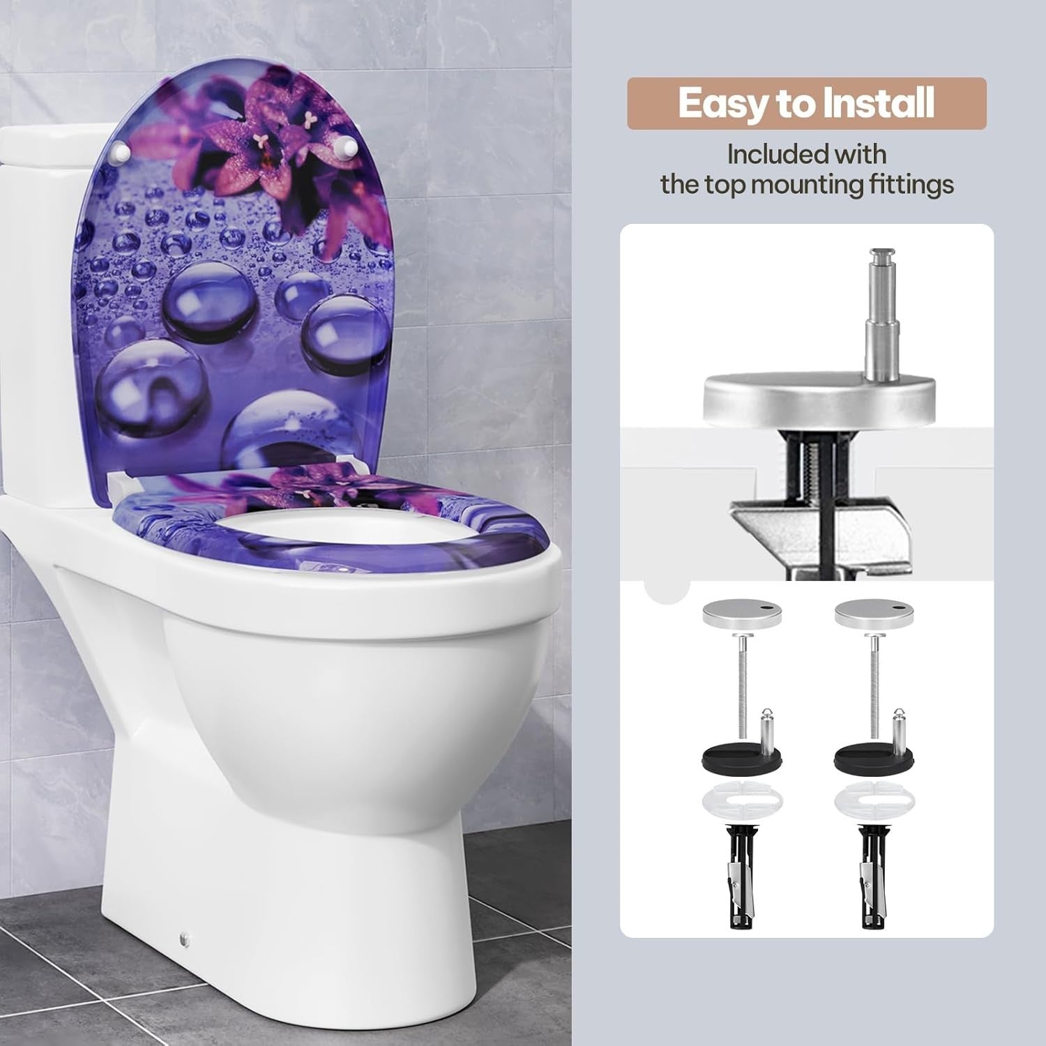 Soft Close O-Shaped Toilet Seat Quick Release Duroplast Violet Raindrops Print