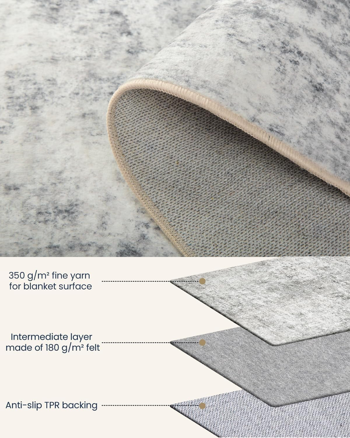 Modern Abstract Grey White Rug 90x150cm Non Slip Washable