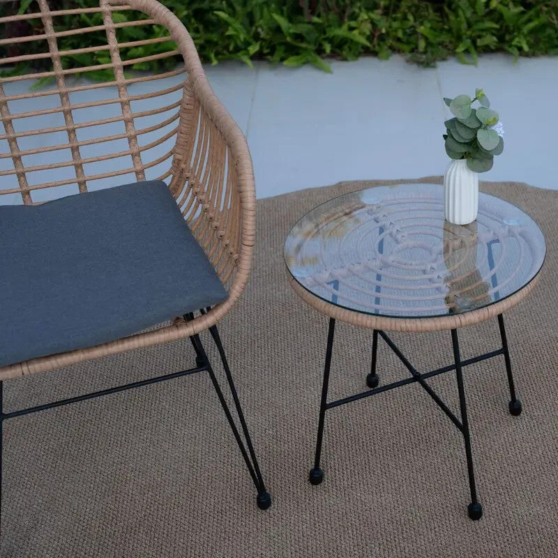 Rattan Bistro Set 2 Chairs Table Outdoor Garden Patio Furniture Glass Top