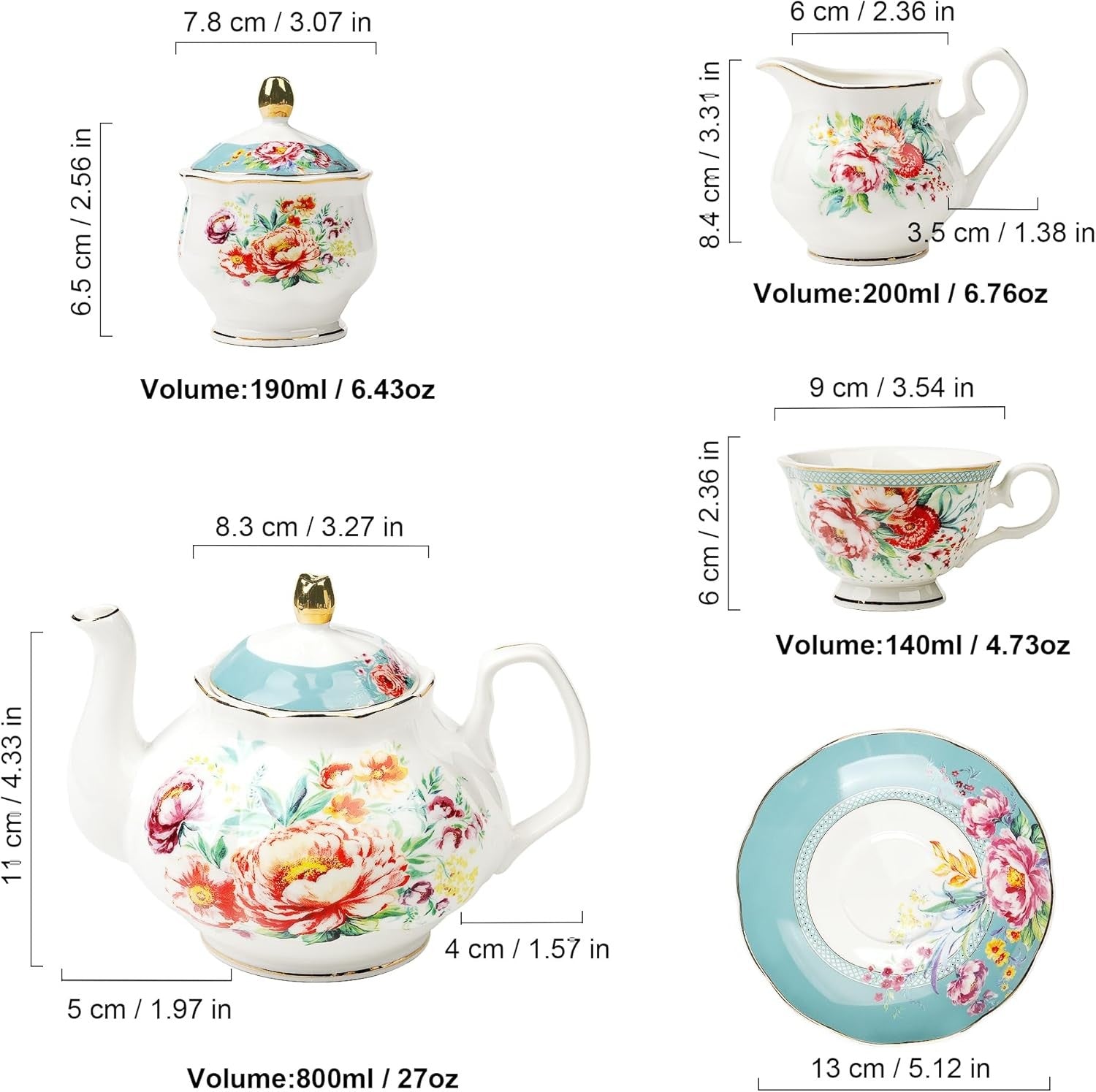21 Piece Porcelain Tea Set Floral Teapot Cups Saucers Vintage Afternoon Tea