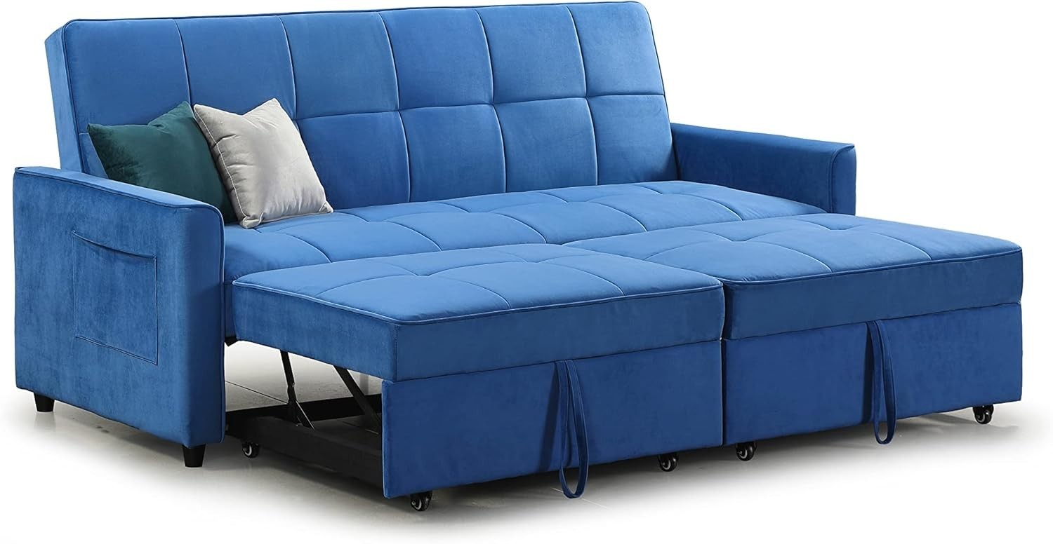 Blue Velvet Sofa Bed 3 Seater Pull Out Guest Bed Storage Cushions