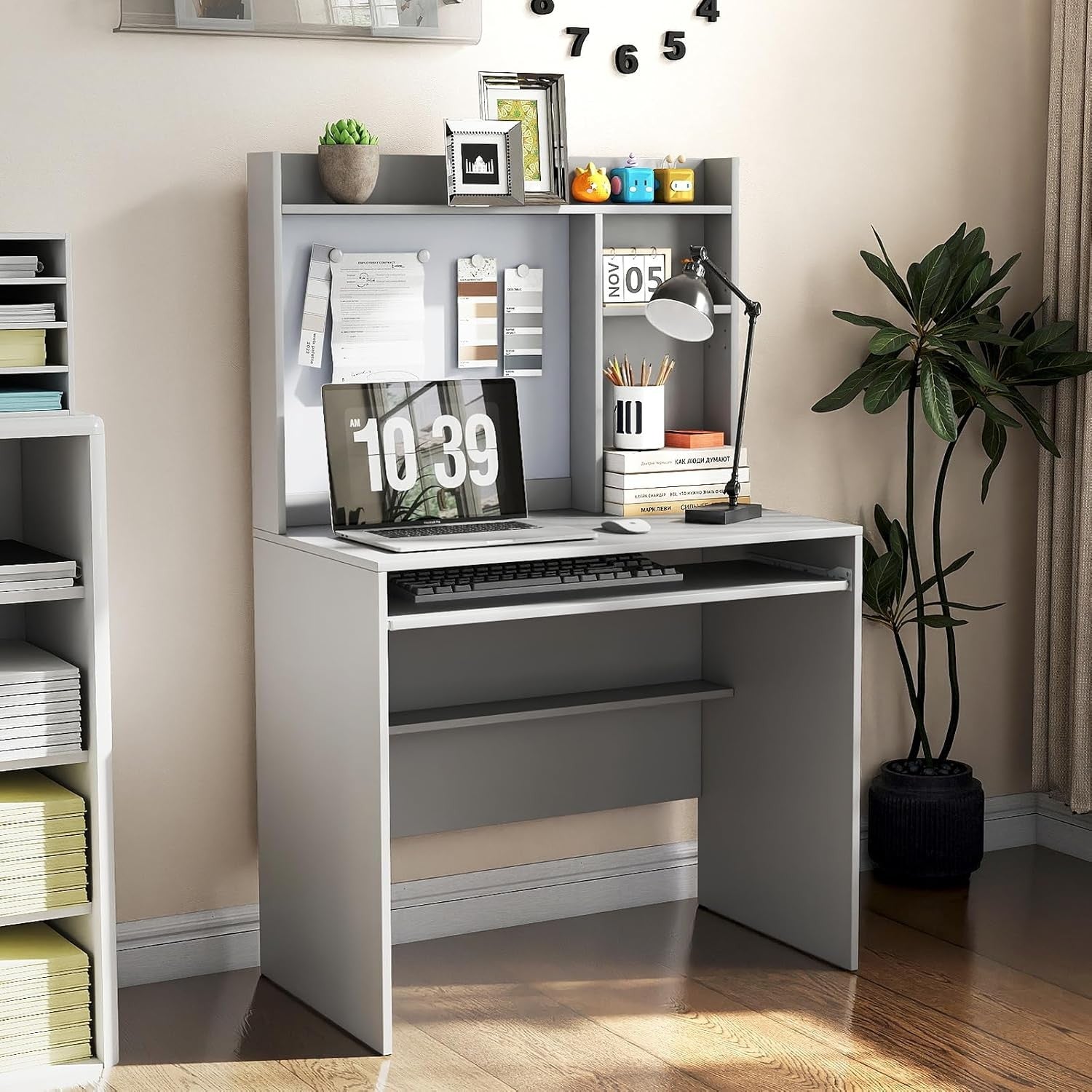 Computer Desk with Hutch Storage Keyboard Tray Study Workstation Grey