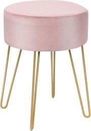 Pink Velvet Round Footstool Modern Dressing Table Stool with Metal Legs